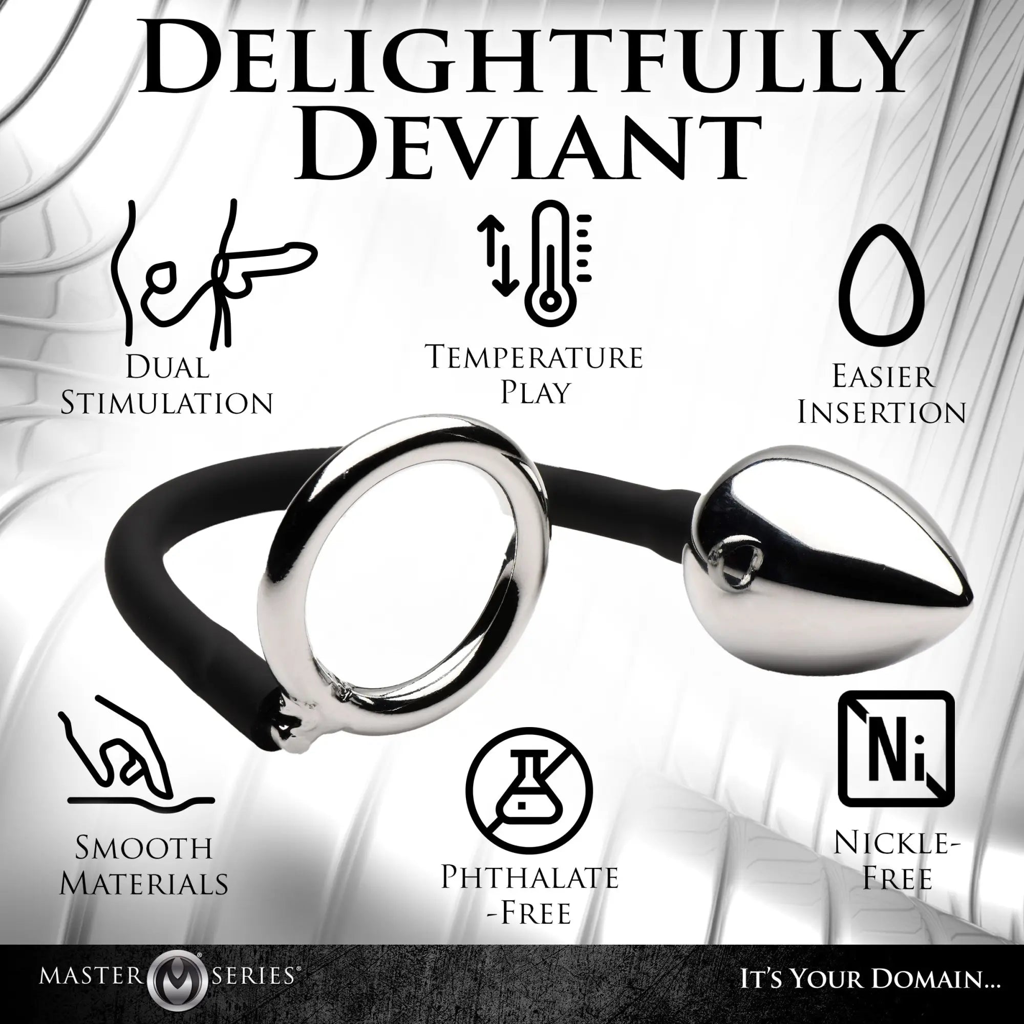 Master Series Tug and Plug: silver metal cock ring and anal plug connected by a flexible black silicone strap.