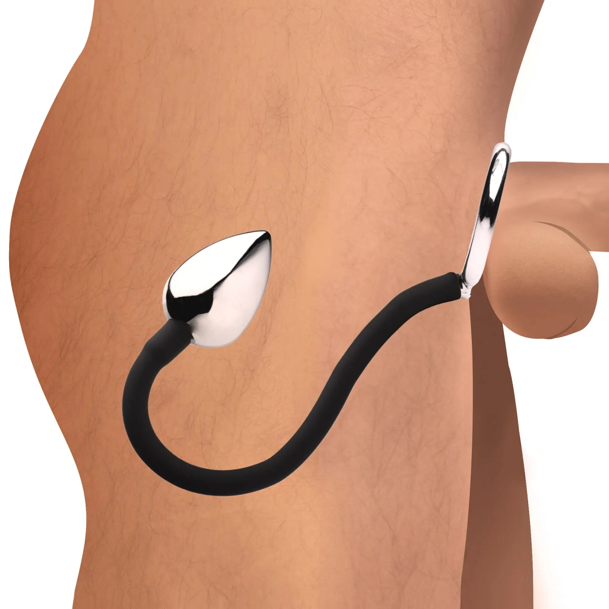 Master Series Tug and Plug: silver metal ring and anal plug connected by a flexible black silicone tether.