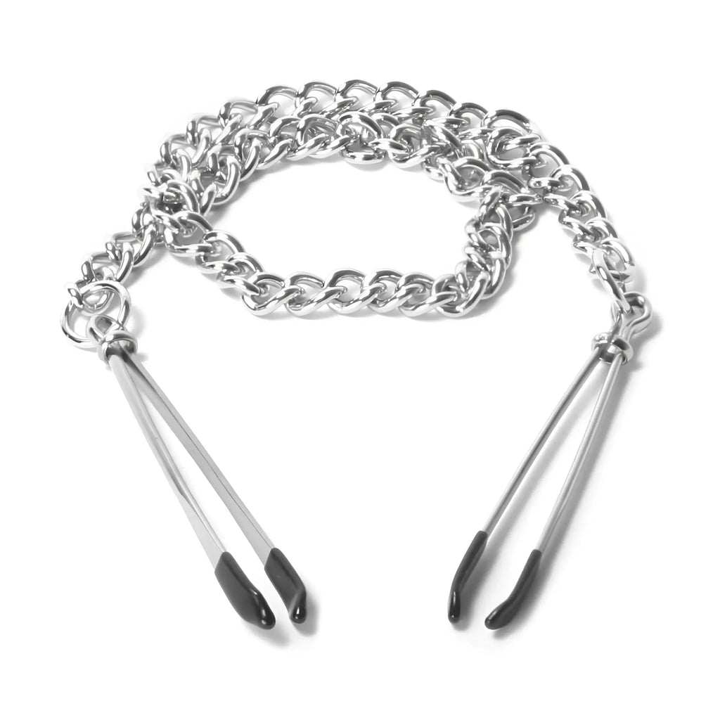 Master Series Tweezer Nipple Clamps: Silver-tone metal tweezers with black silicone tips, connected by a metal chain.