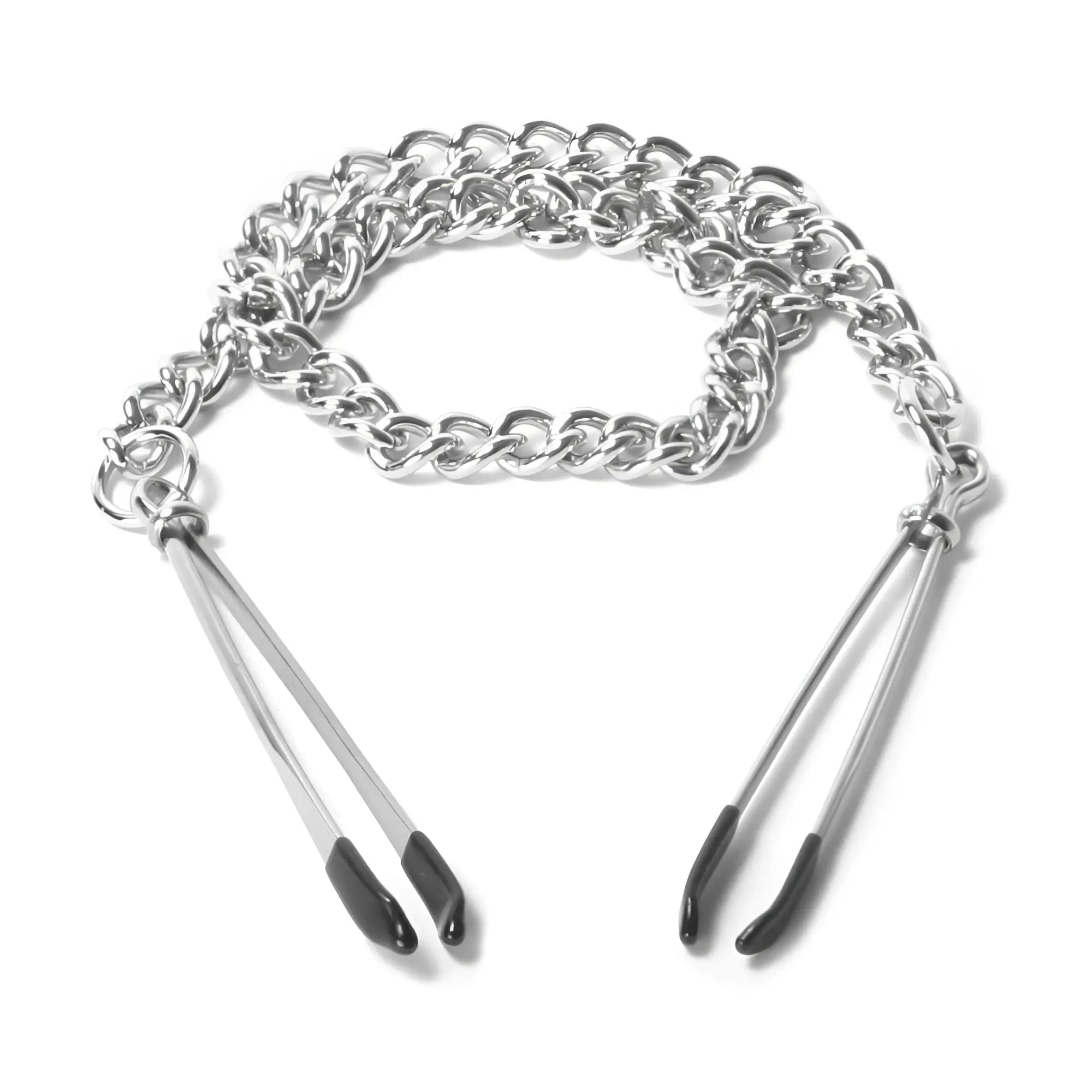 Master Series Tweezer Nipple Clamps: Silver-tone metal tweezers with black silicone tips, connected by a metal chain.