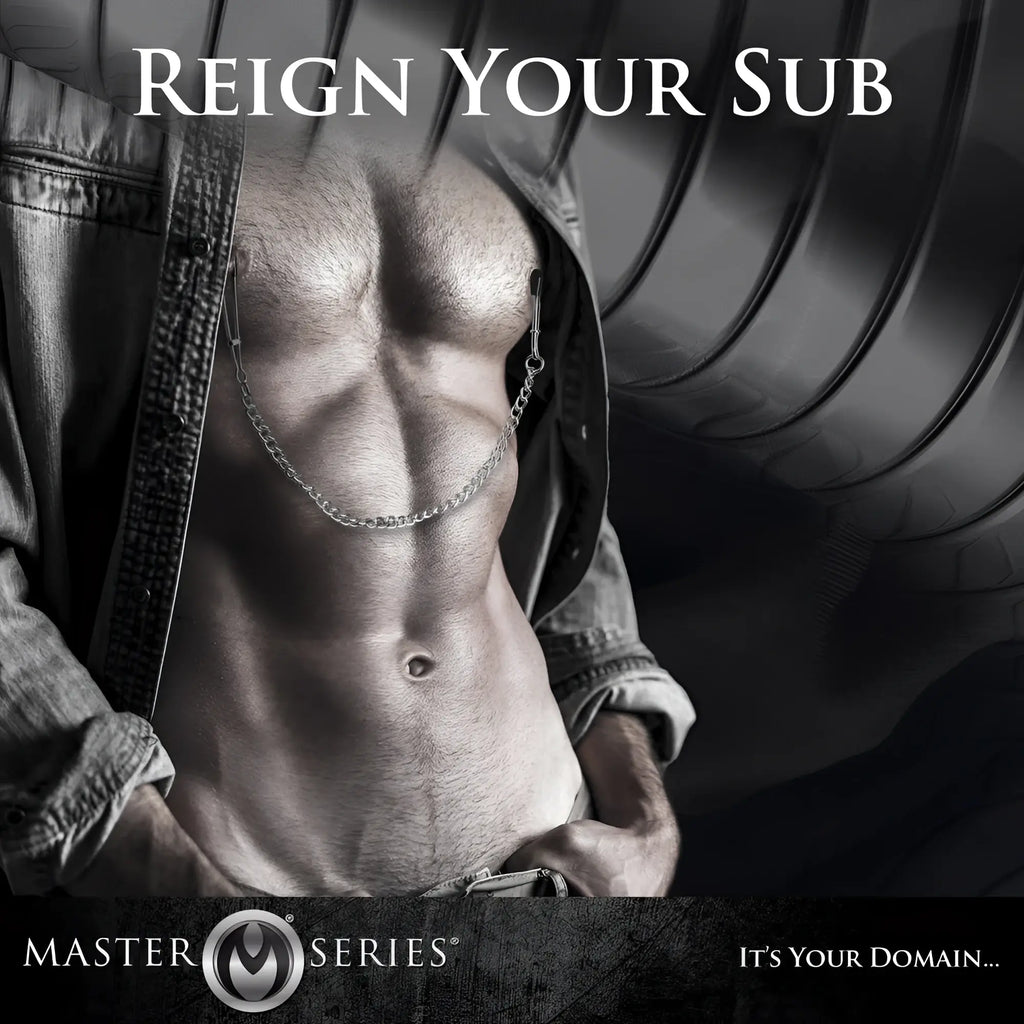 Master Series Tweezer Nipple Clamps: A black-and-white torso shot of a man wearing metallic linked nipple clamps.