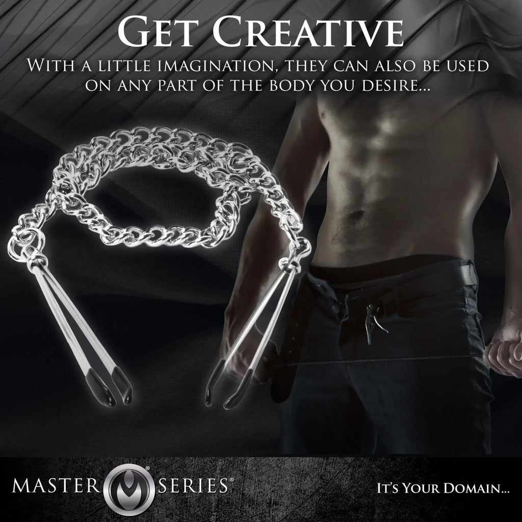 Master Series Tweezer Nipple Clamps: Silver metal tweezers with black rubber tips connected by a silver chain.
