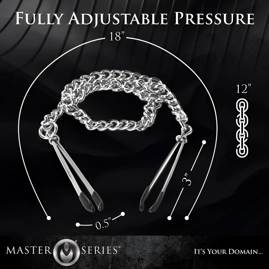 Master Series Tweezer Nipple Clamps featuring adjustable silver metal tweezers connected by an 18-inch link chain.