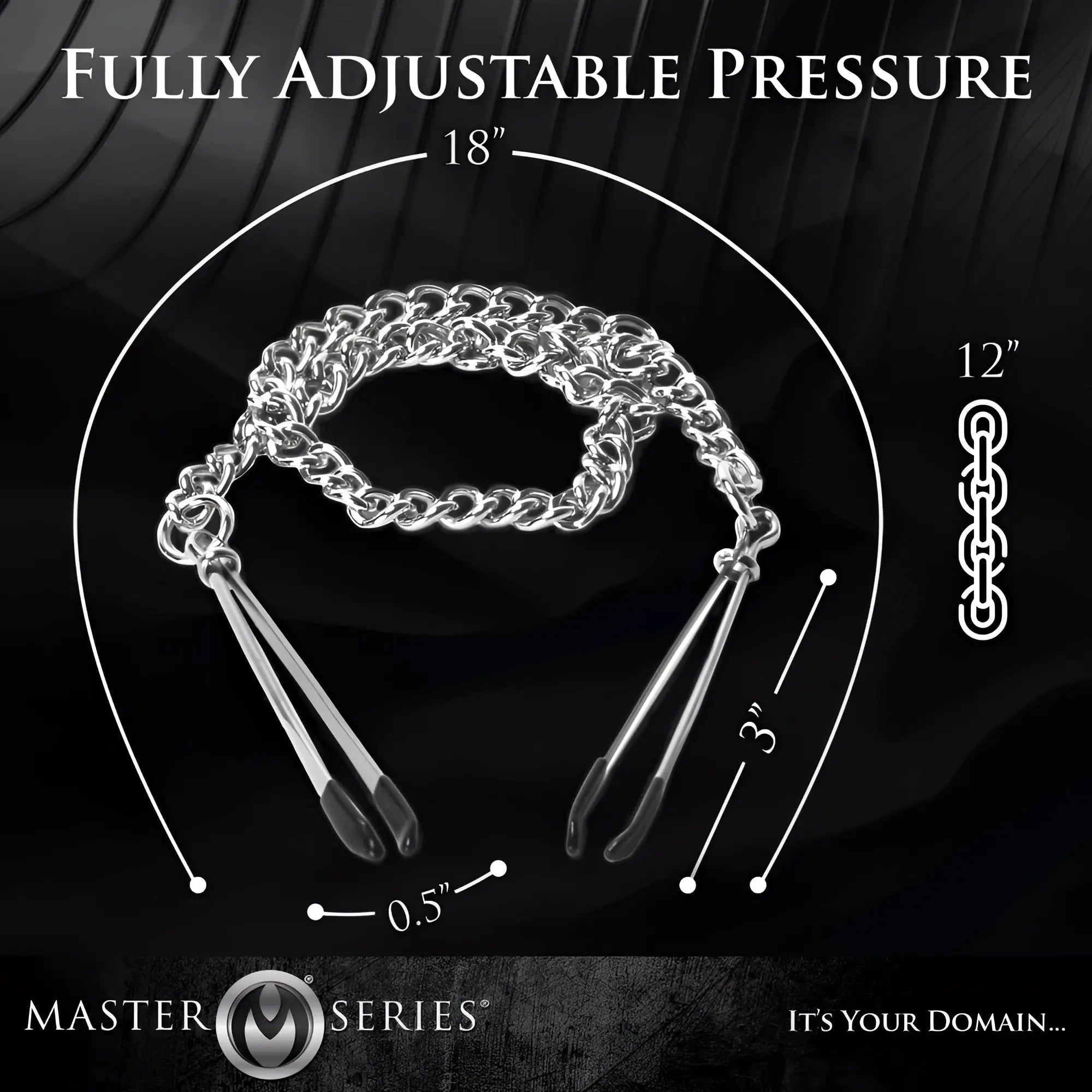 Master Series Tweezer Nipple Clamps featuring adjustable silver metal tweezers connected by an 18-inch link chain.