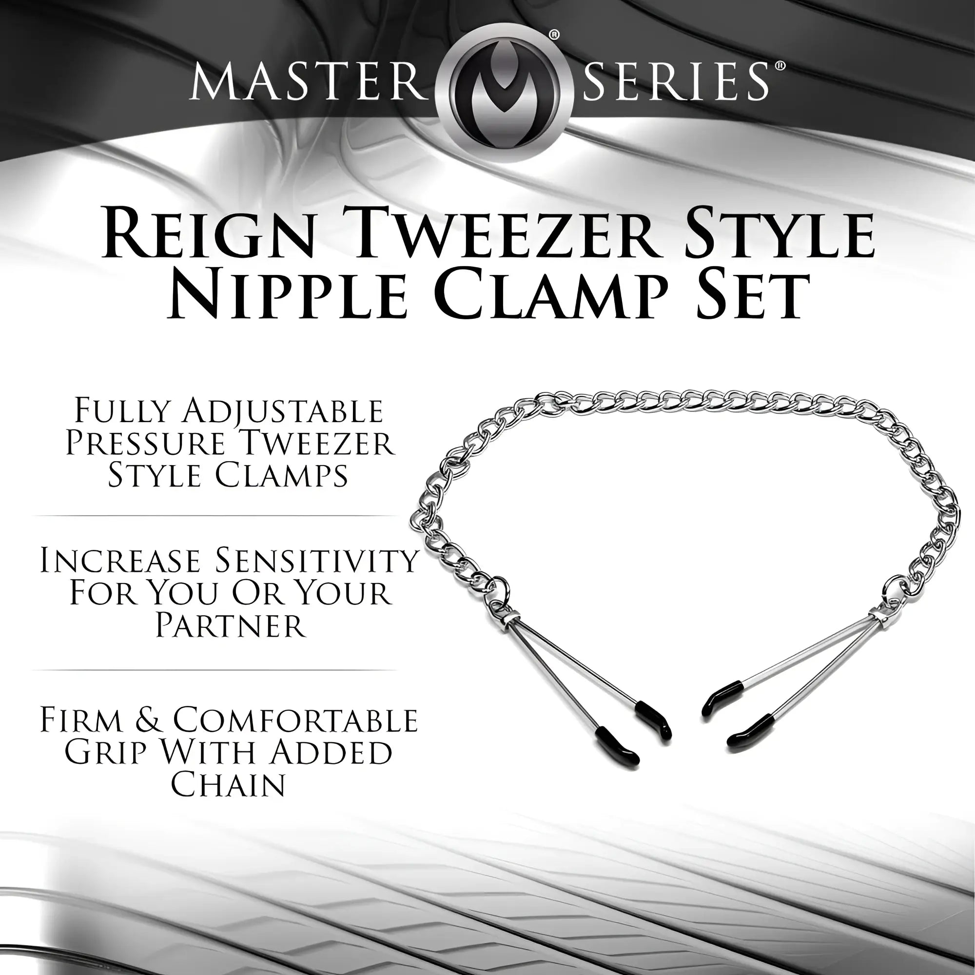 Master Series silver-tone tweezer-style nipple clamps with black silicone tips and a connecting metal chain.