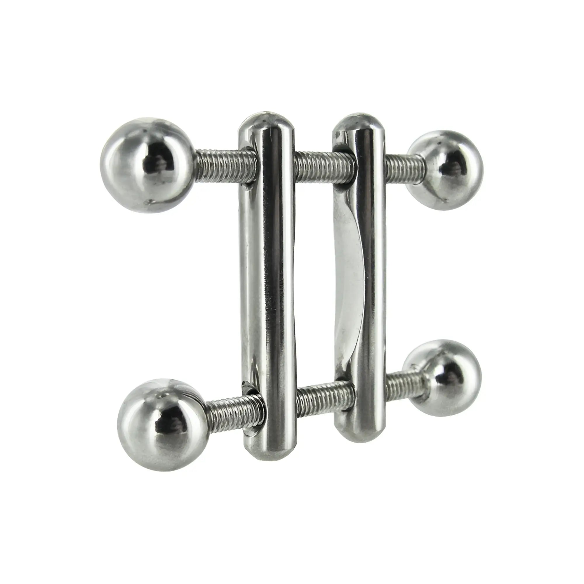 Master Series Twin Screws Nipple Press: A silver-toned, adjustable stainless steel clamp with two threaded screws.