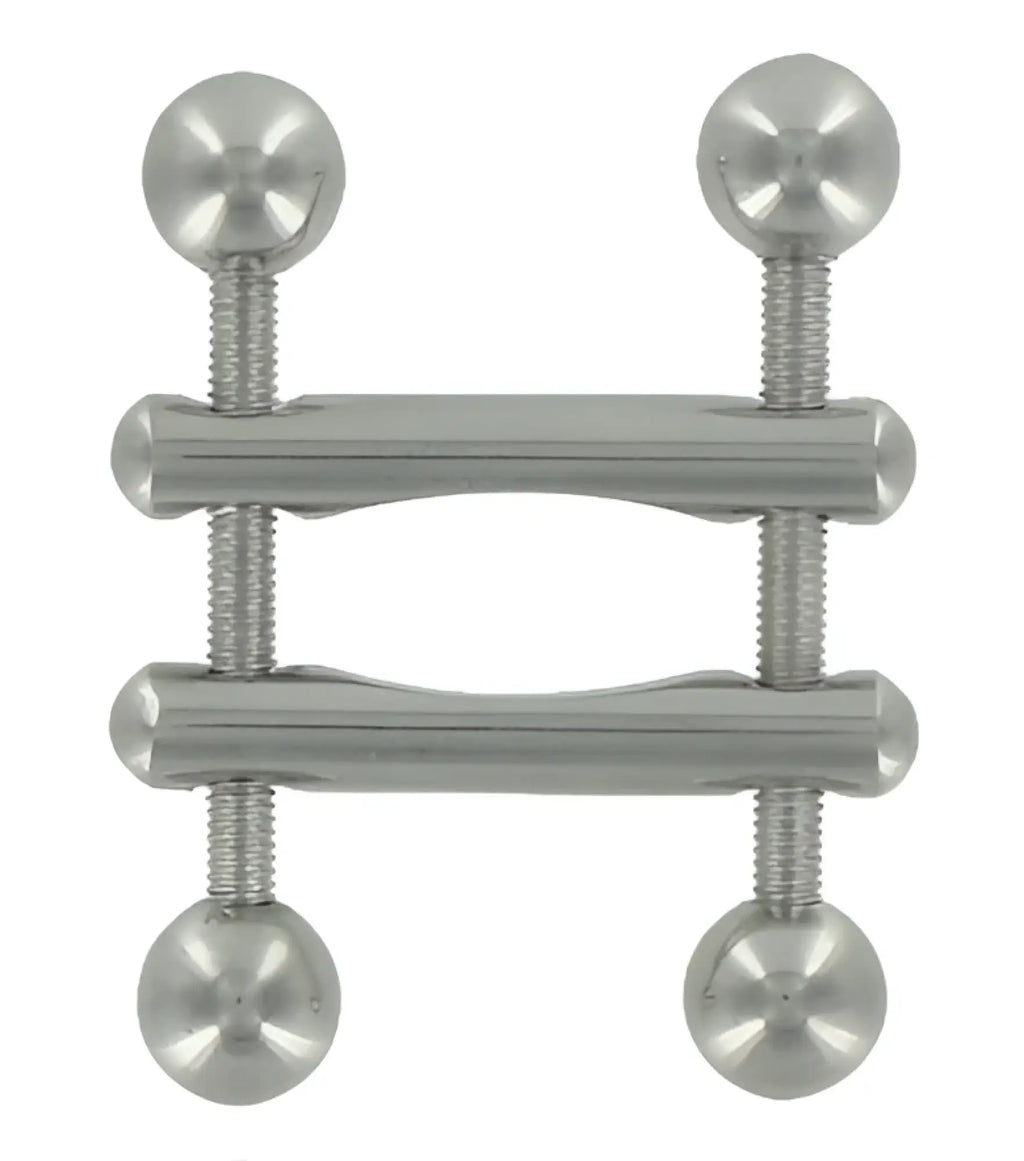 Master Series Twin Screws Nipple Press: A polished silver metal clamp with two adjustable screw-threaded knobs.