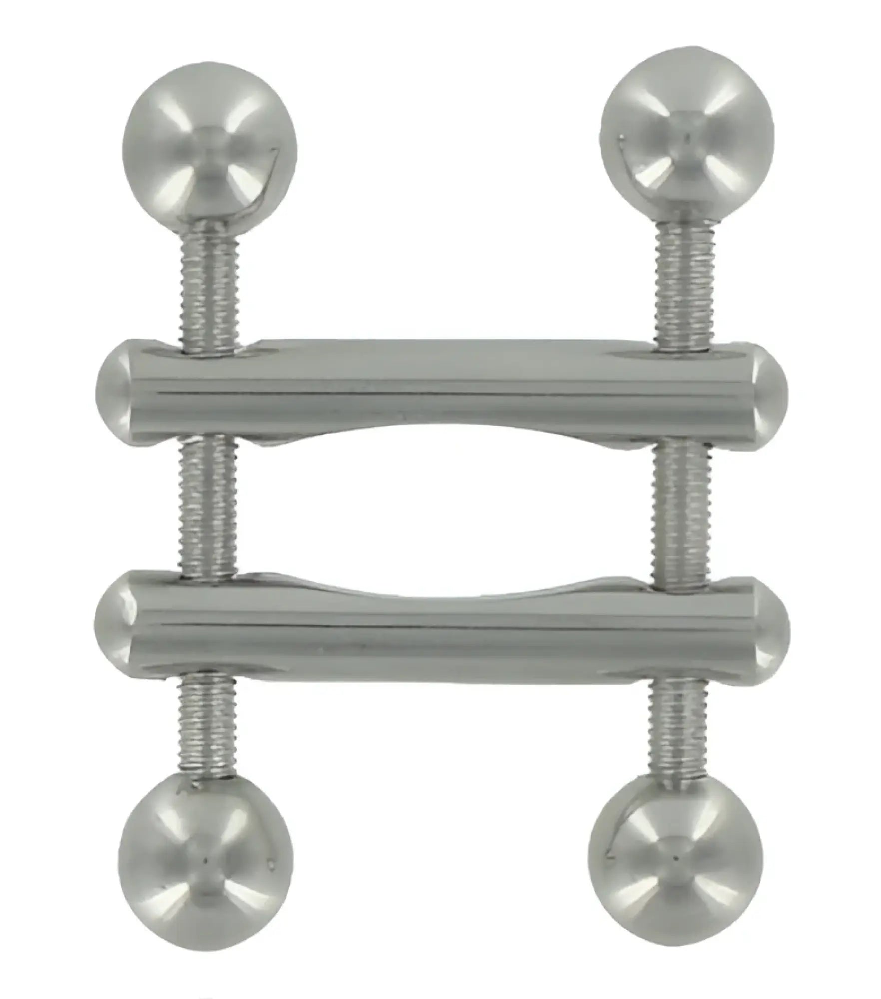 Master Series Twin Screws Nipple Press: A polished silver metal clamp with two adjustable screw-threaded knobs.