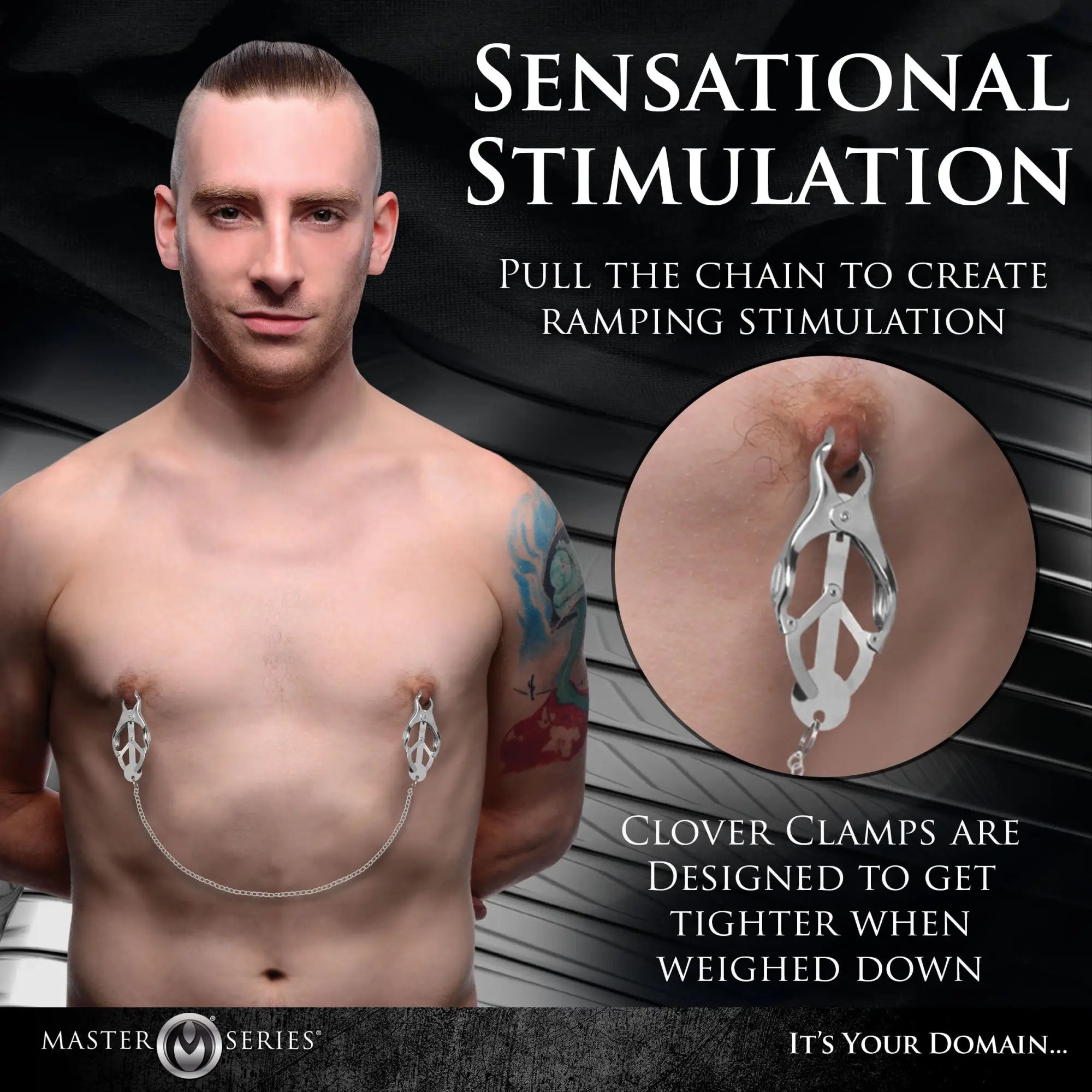 Master Series Tyrant silver clover nipple clamps connected by a chain on a man, with a close-up detail shot.