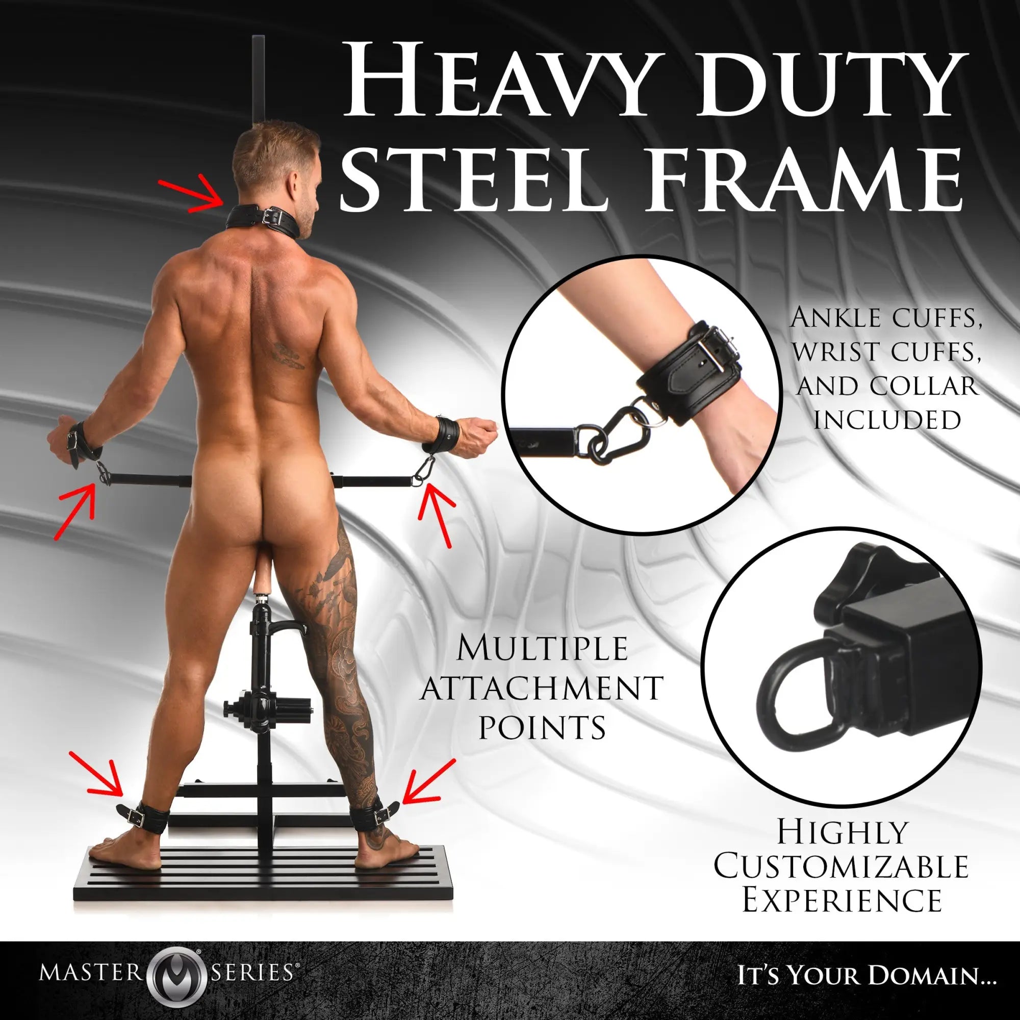 Master Series Ultimate Enforcer black steel tower with attached leather cuffs, collar, and sex machine for restraint.