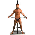 Master Series Ultimate Enforcer tower: shirtless man in restraints secured to a black metal frame with sex machine.