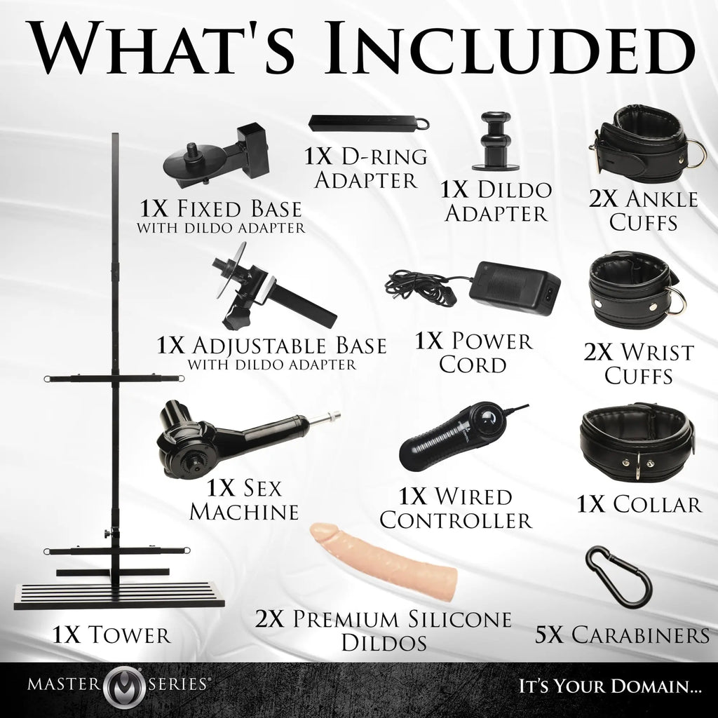 Master Series Ultimate Enforcer Tower components, including black sex machine, restraints, adapters, and two dildos.
