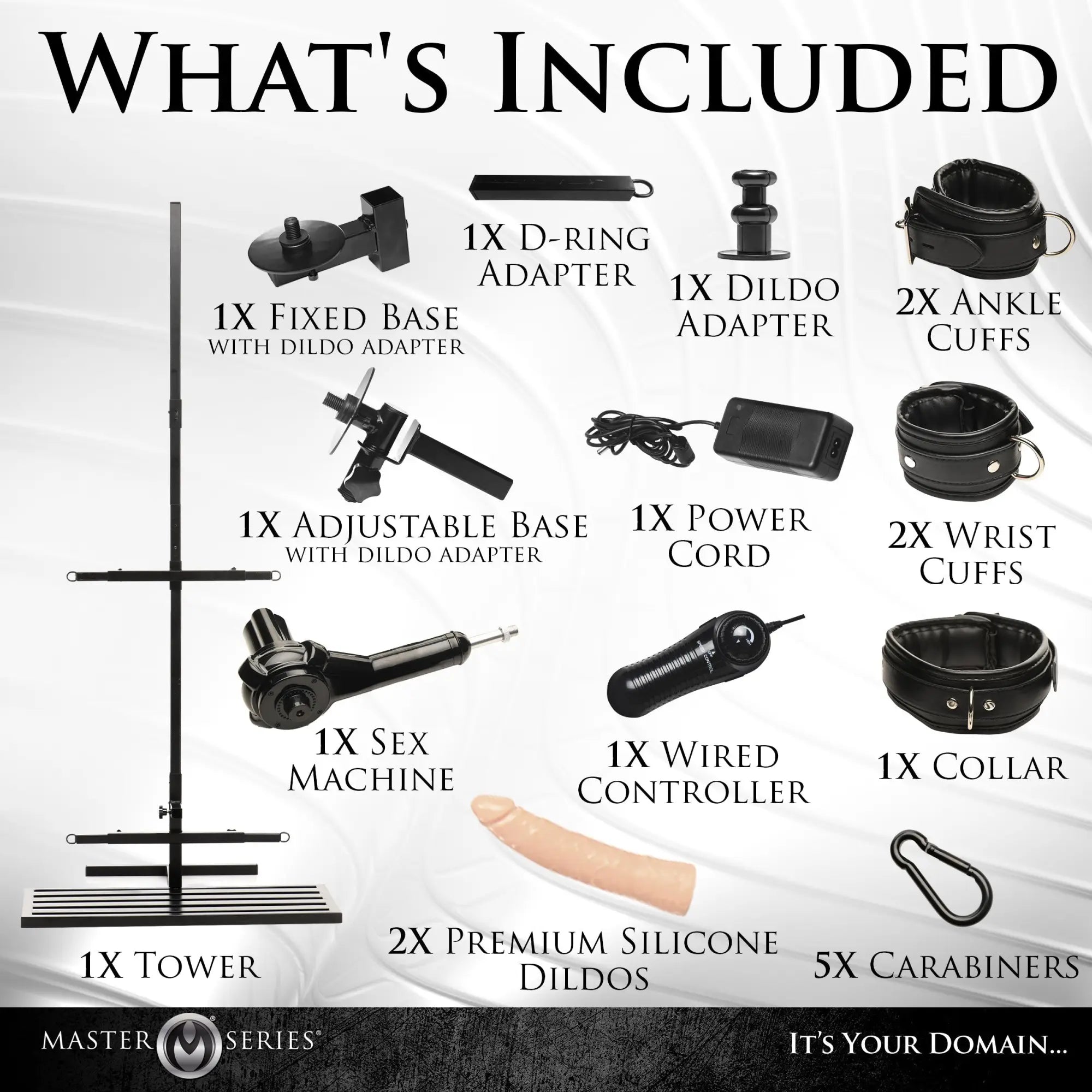 Master Series Ultimate Enforcer Tower components, including black sex machine, restraints, adapters, and two dildos.