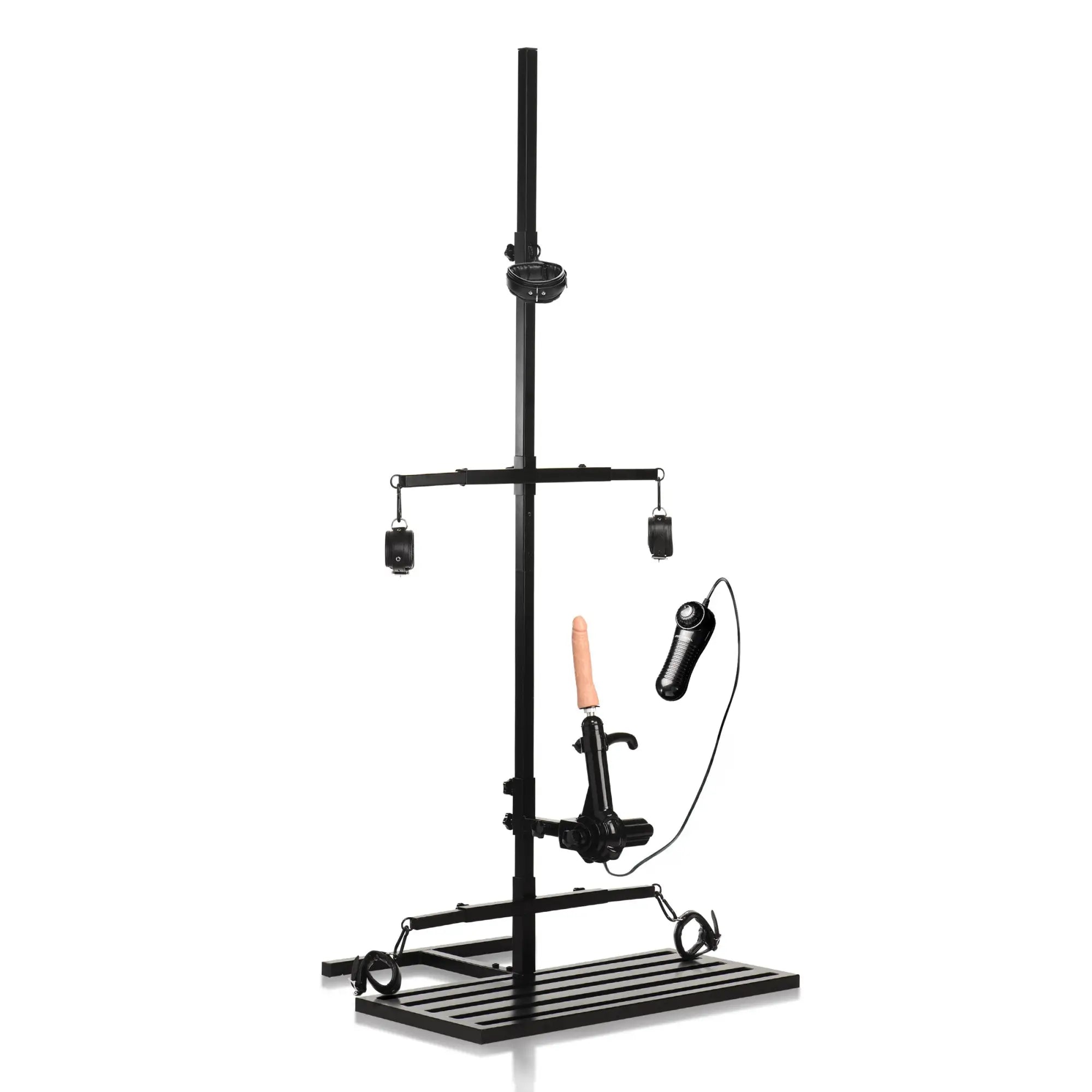 Master Series Ultimate Enforcer black metal bondage tower with sex machine, cuffs, and controller on a platform base.