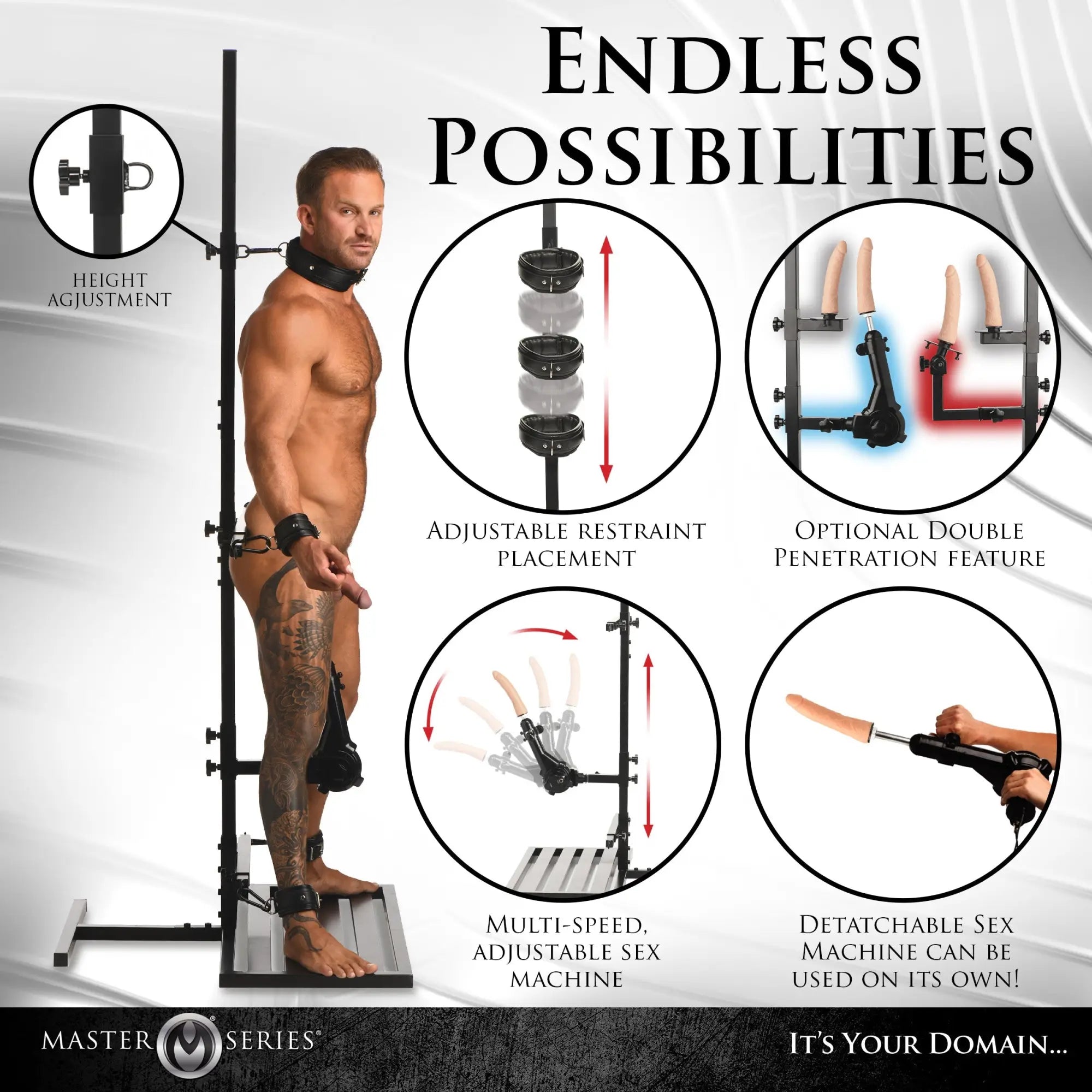 Master Series Ultimate Enforcer black metal bondage tower with adjustable sex machine, restraints, and height settings.