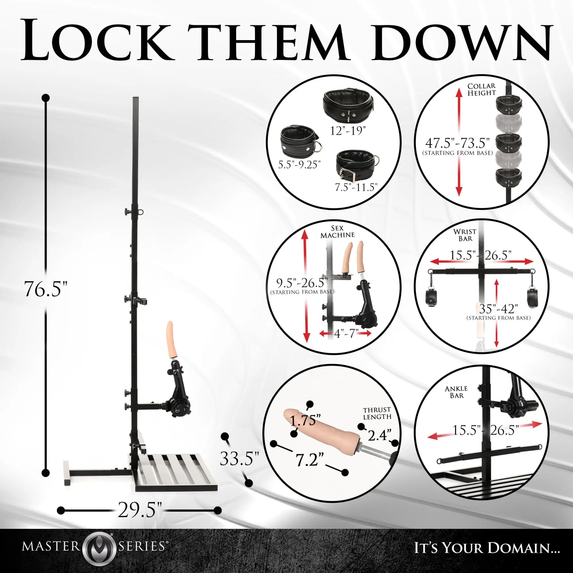 Master Series Ultimate Enforcer Tower: A black metal standing sex machine with adjustable restraints and dildo attachment.