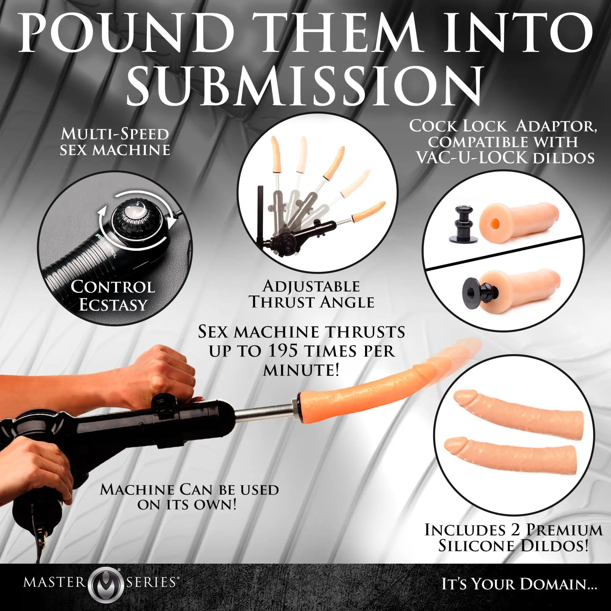 Master Series Ultimate Enforcer sex machine, black handheld device with adjustable angle and two silicone dildos.