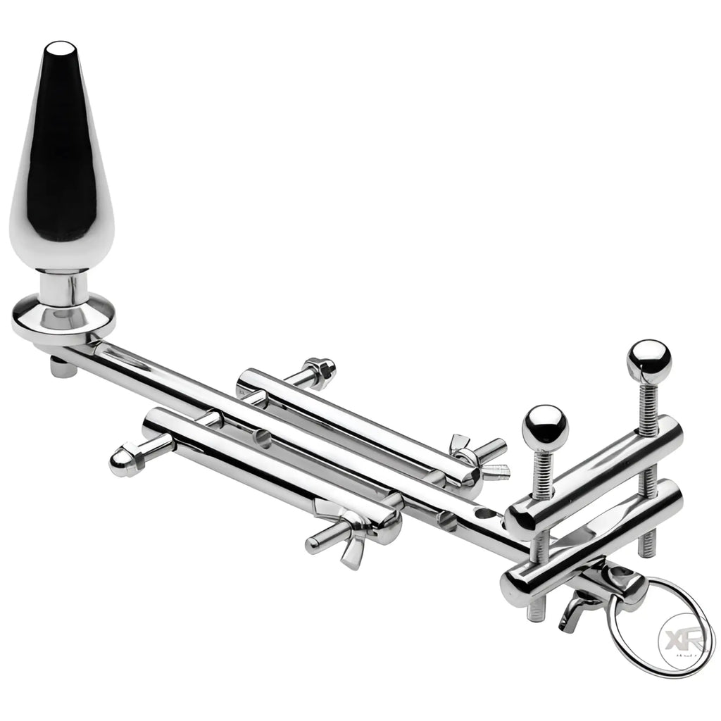 Master Series Ultimate Male Lockdown System: A polished chrome metal restraint device with a butt plug and screw clamps.