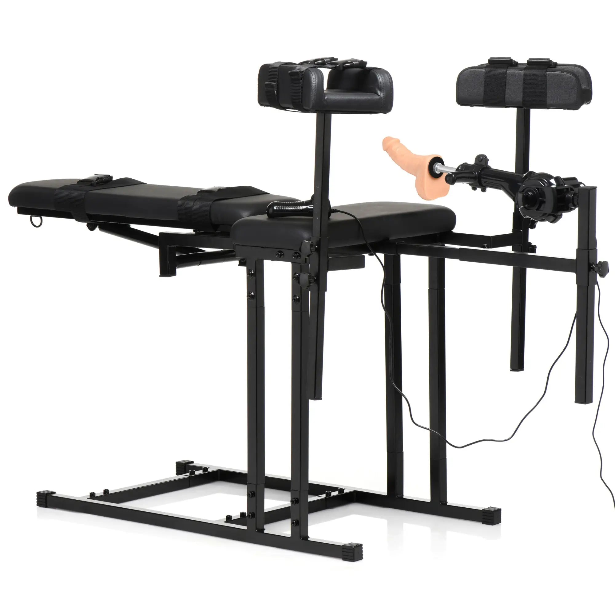 Master Series Ultimate Obedience Chair with integrated black metal sex machine, padding, and restraints on white background.