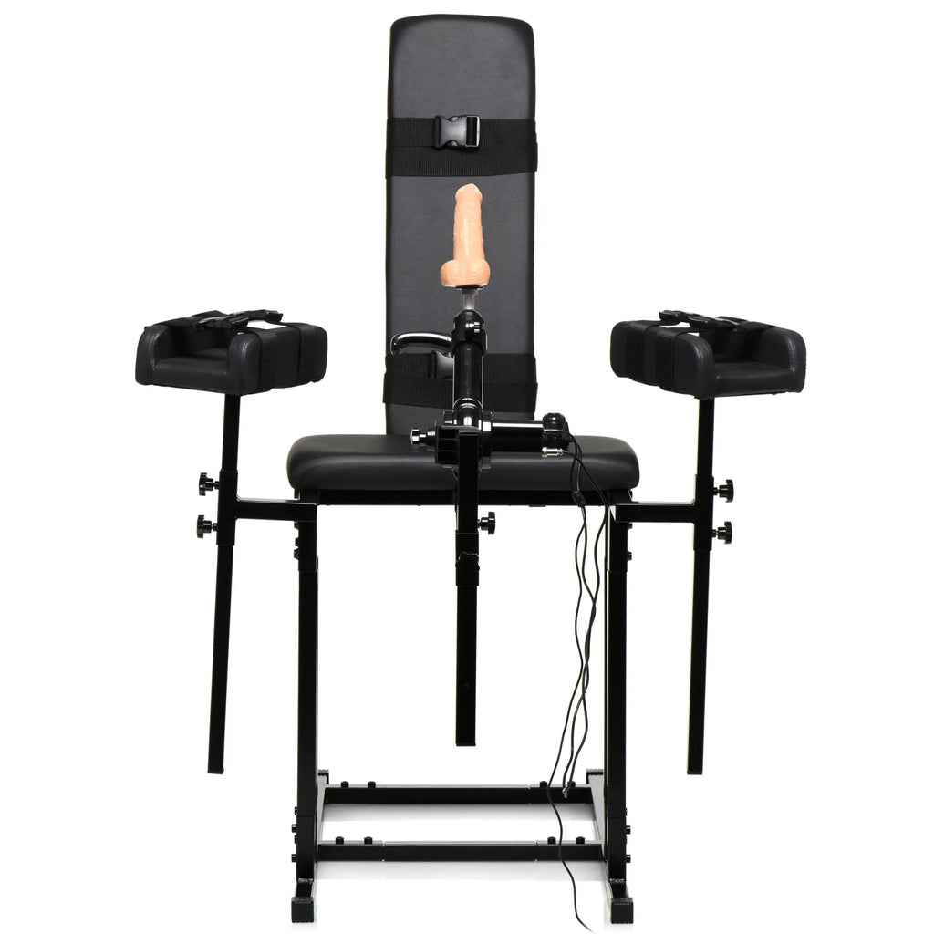 Master Series Ultimate Obedience Chair: A black, multi-strapped adjustable chair with a central motorized phallic device.