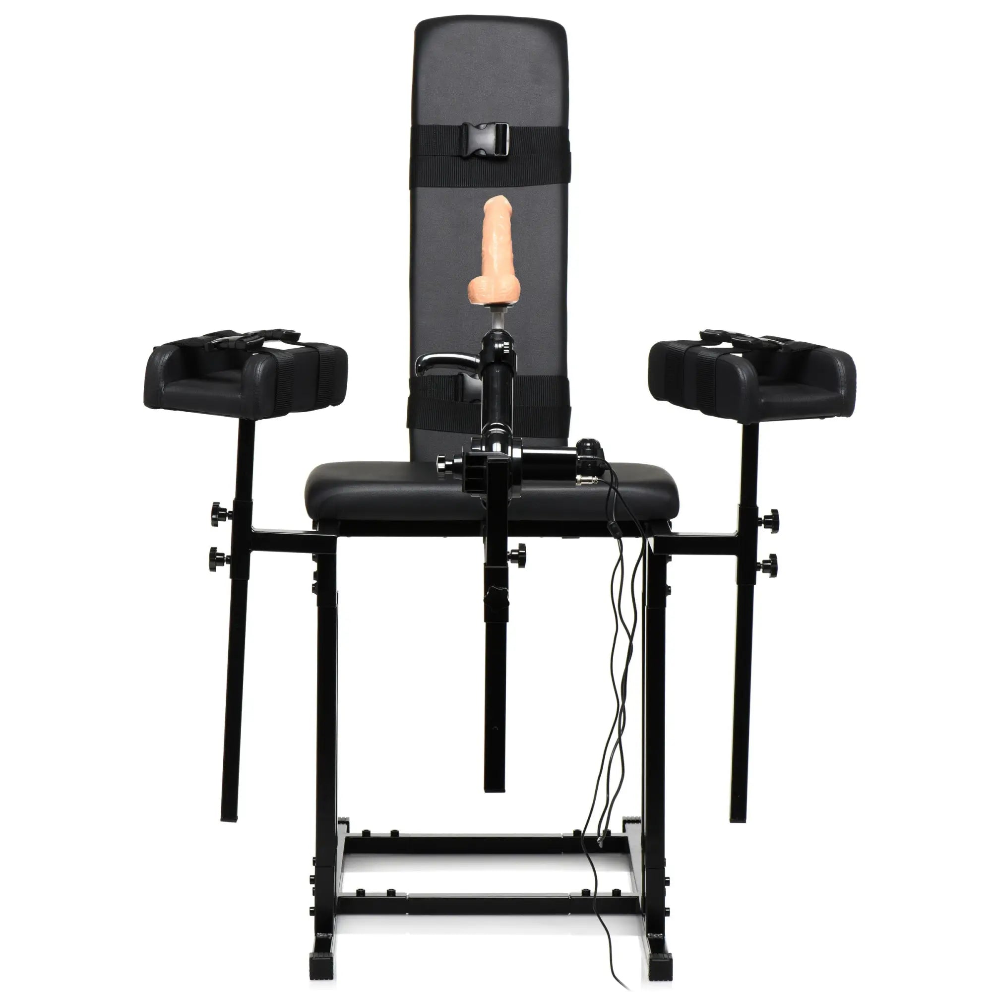 Master Series Ultimate Obedience Chair: A black, multi-strapped adjustable chair with a central motorized phallic device.
