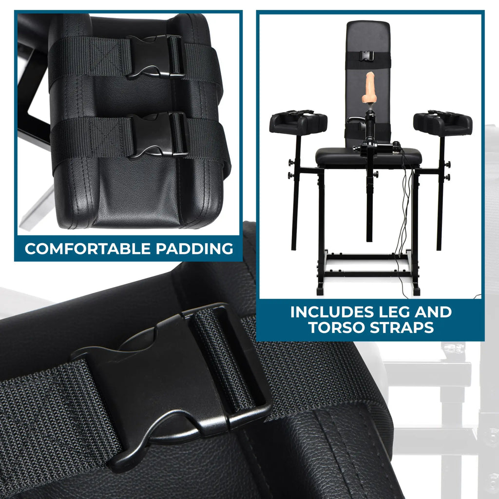 Master Series Ultimate Obedience Chair with black padded seat, adjustable straps, and integrated sex machine attachment.