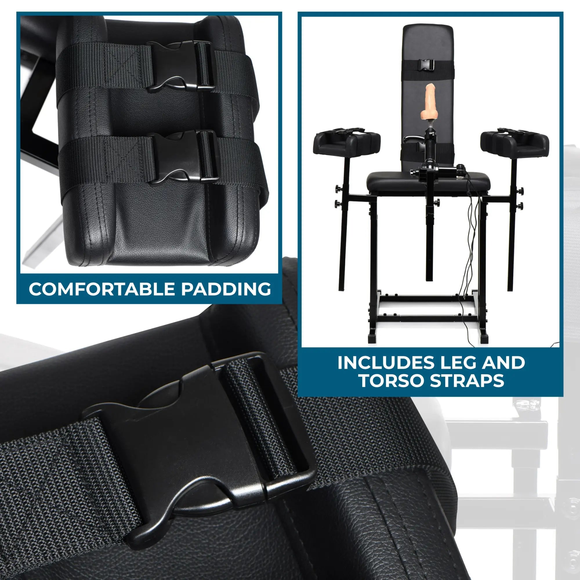 Master Series Ultimate Obedience Chair with black padded seat, adjustable straps, and integrated sex machine attachment.