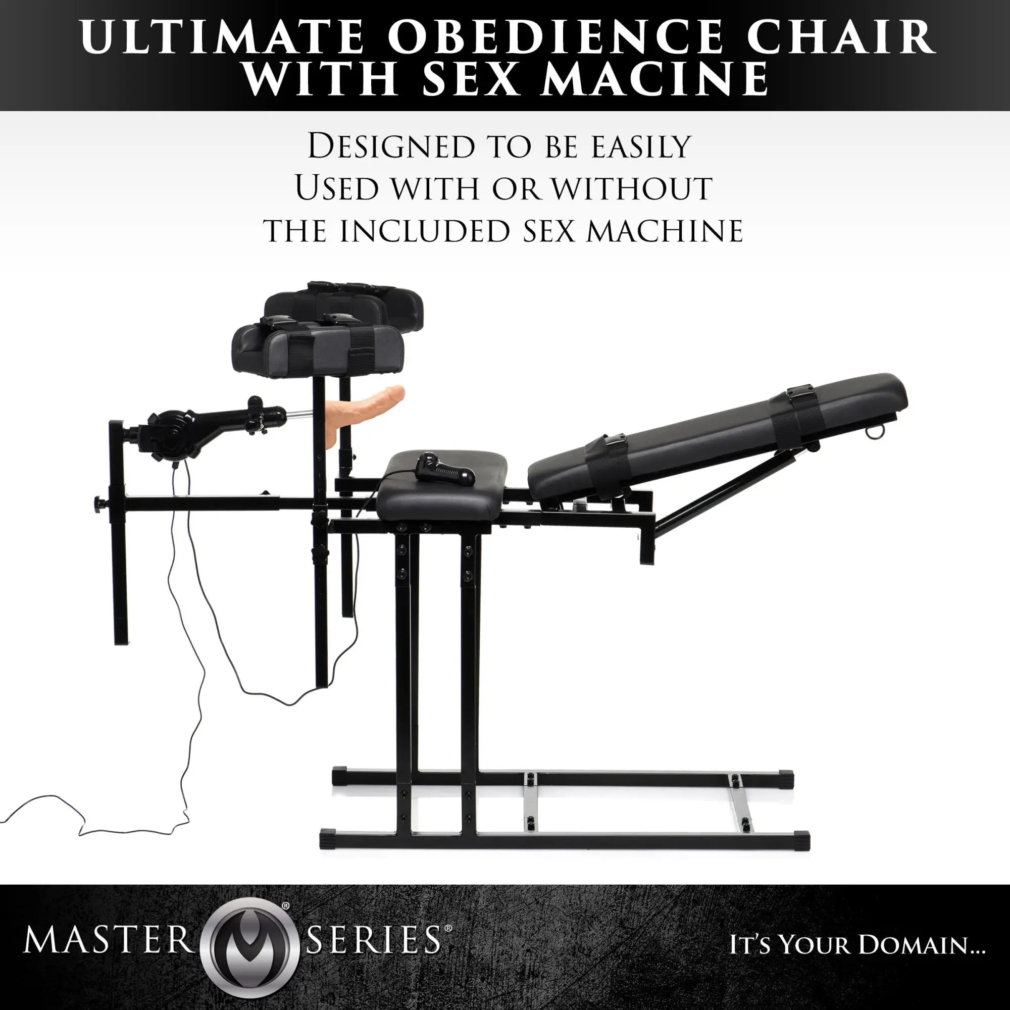 Master Series Ultimate Obedience Chair with black padded cushions, adjustable frame, and an attached sex machine.