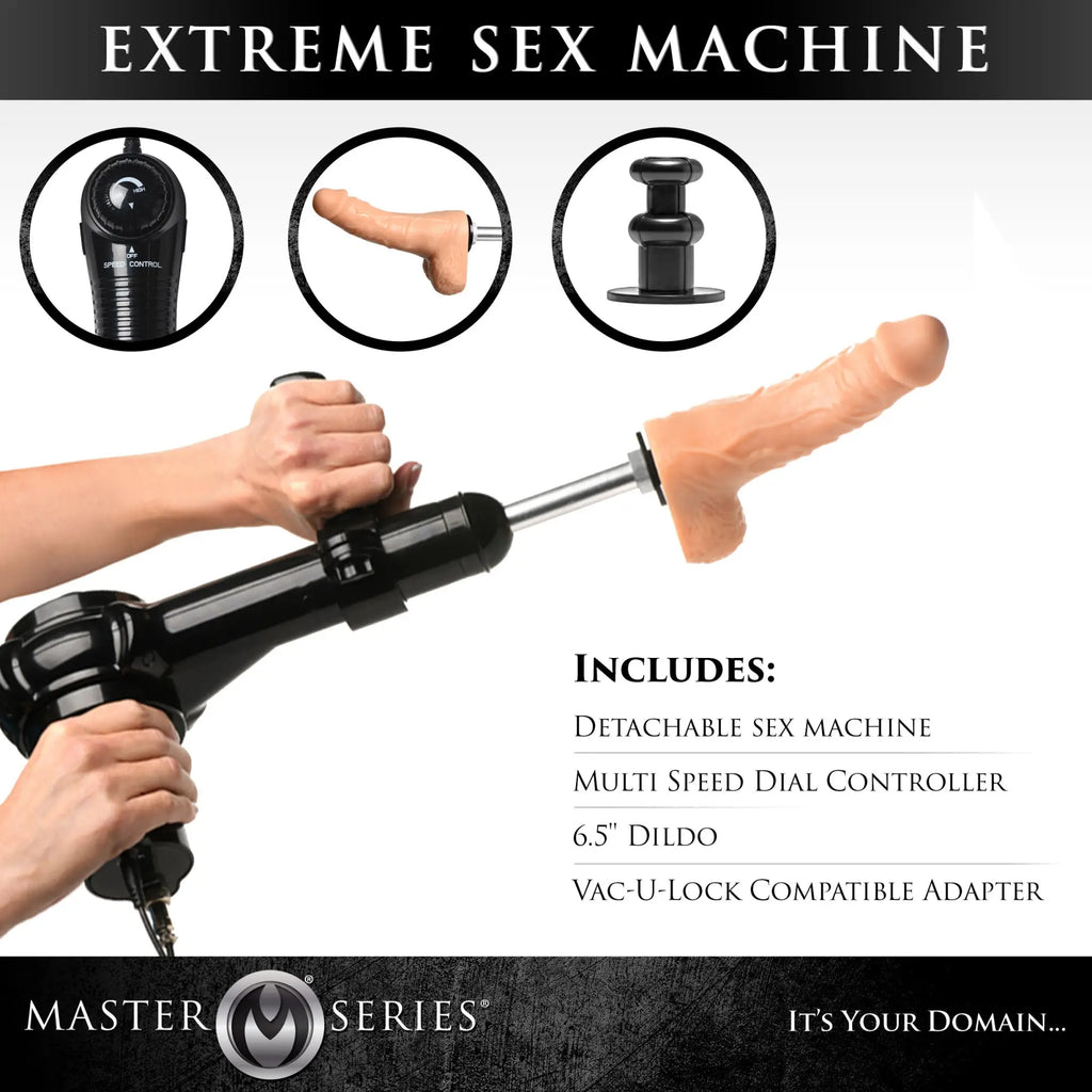Master Series Extreme Sex Machine featuring a black handheld device, speed dial, and a realistic 6.5" tan dildo.