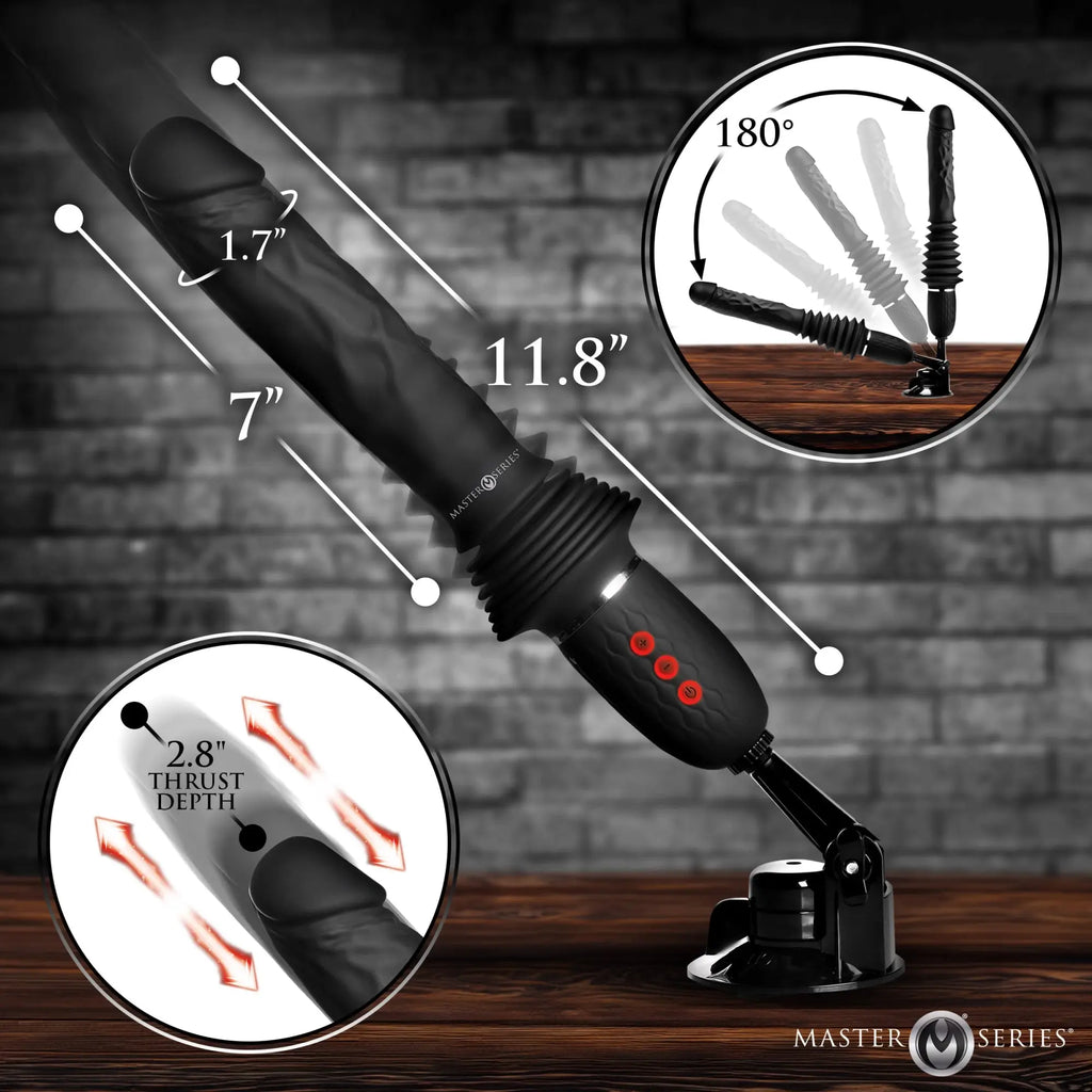 Master Series Ultimate Power Pounder black silicone dildo with suction base, thrusting, and vibrating features.