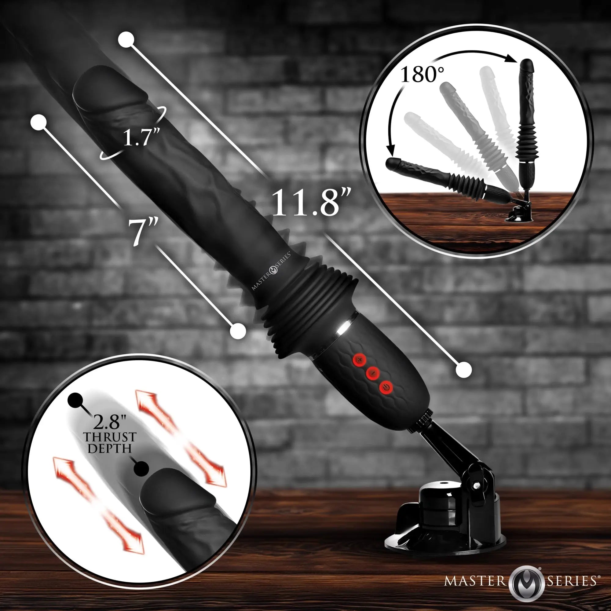 Master Series Ultimate Power Pounder black silicone dildo with suction base, thrusting, and vibrating features.