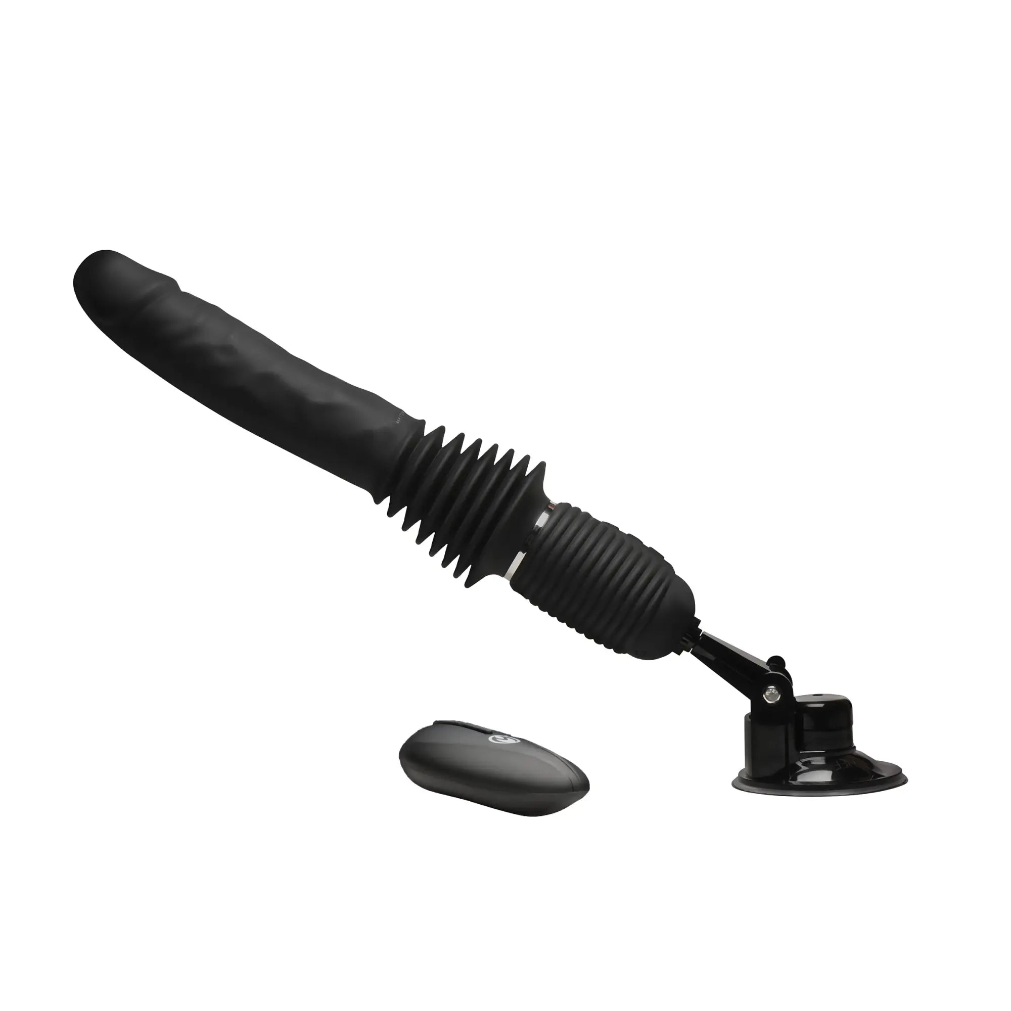 Master Series Ultimate Power Pounder black silicone vibrating, thrusting dildo with suction base and remote controller.