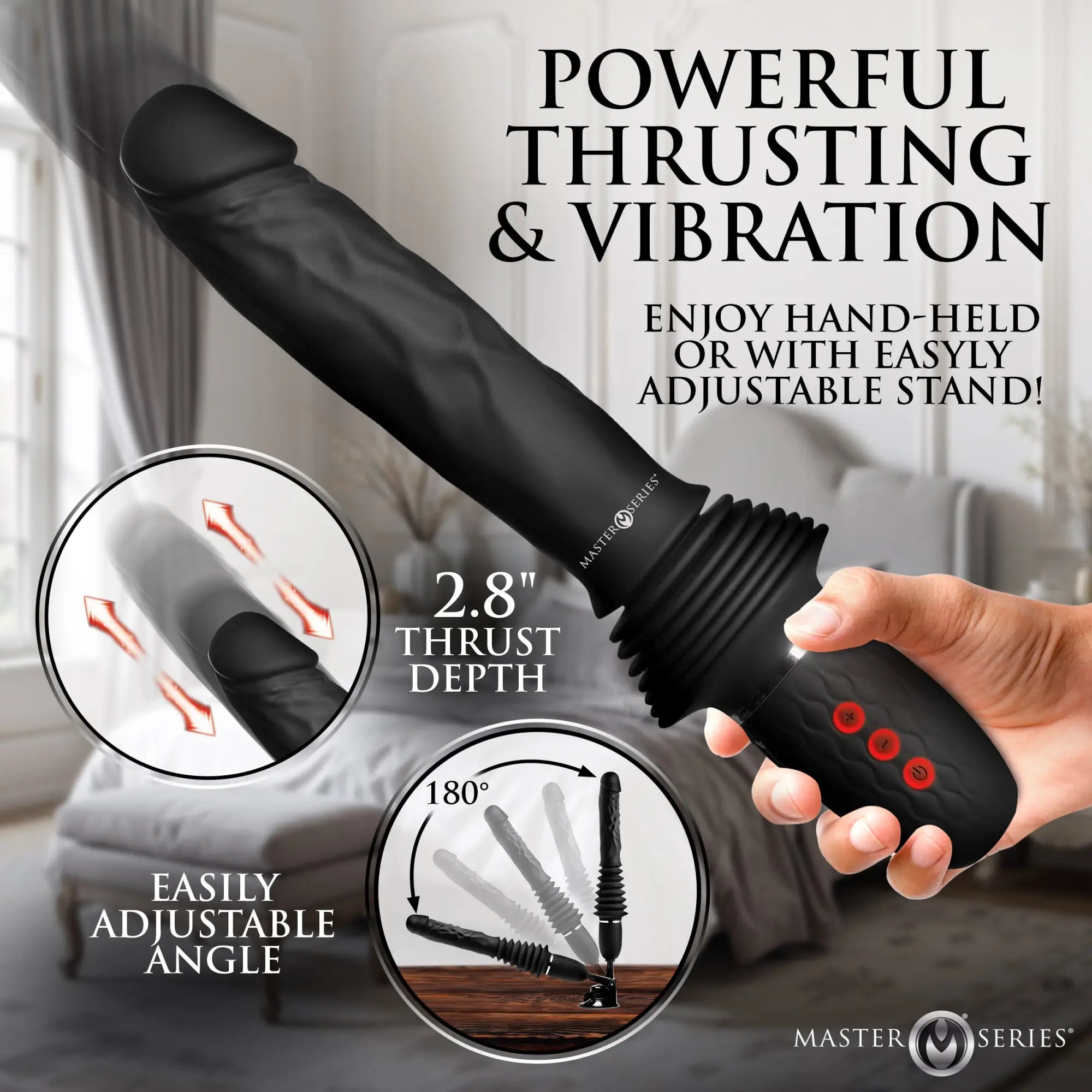 Black Master Series Ultimate Power Pounder silicone dildo with remote, thrusting motion, and adjustable angle stand.