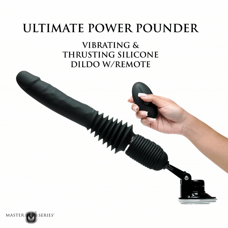 Master Series Ultimate Power Pounder: A black, vibrating silicone dildo with a remote and suction cup base.