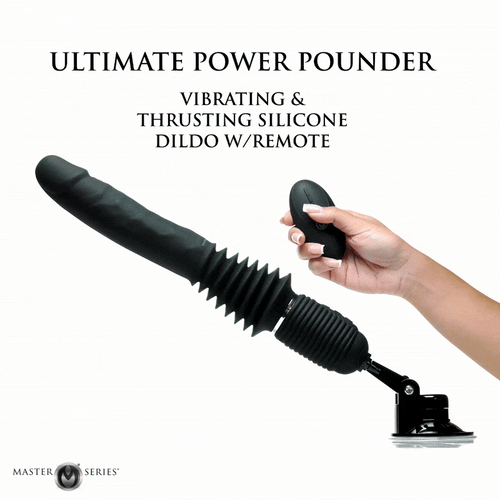 Master Series Ultimate Power Pounder: A black, vibrating silicone dildo with a remote and suction cup base.