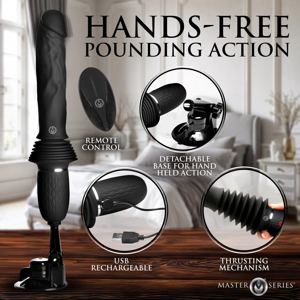 Black Master Series Ultimate Power Pounder dildo with remote, suction base, and USB charging features shown.