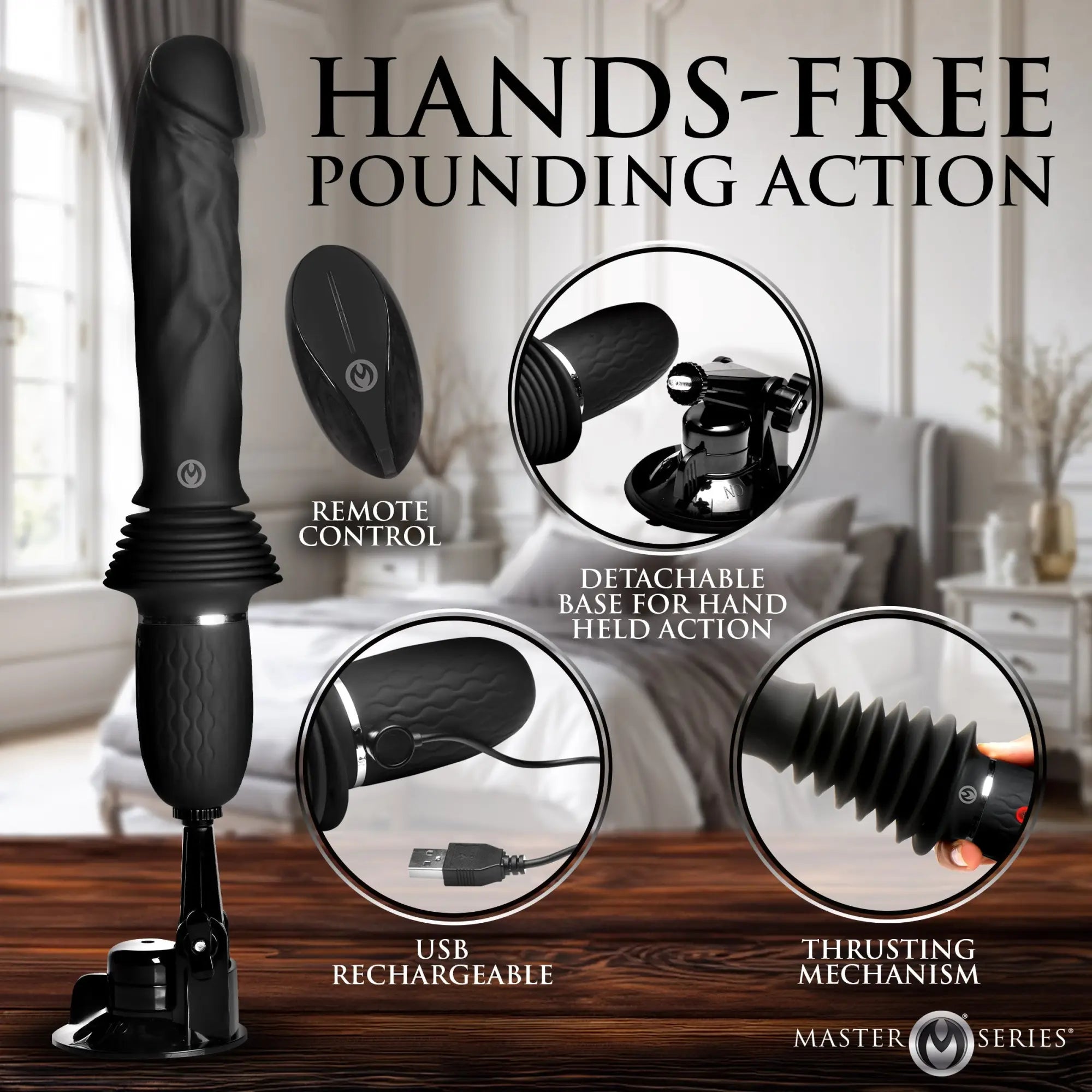 Black Master Series Ultimate Power Pounder dildo with remote, suction base, and USB charging features shown.