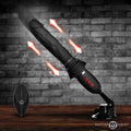 Black Master Series Ultimate Power Pounder dildo with thrusting motion effects, suction base, and handheld remote.