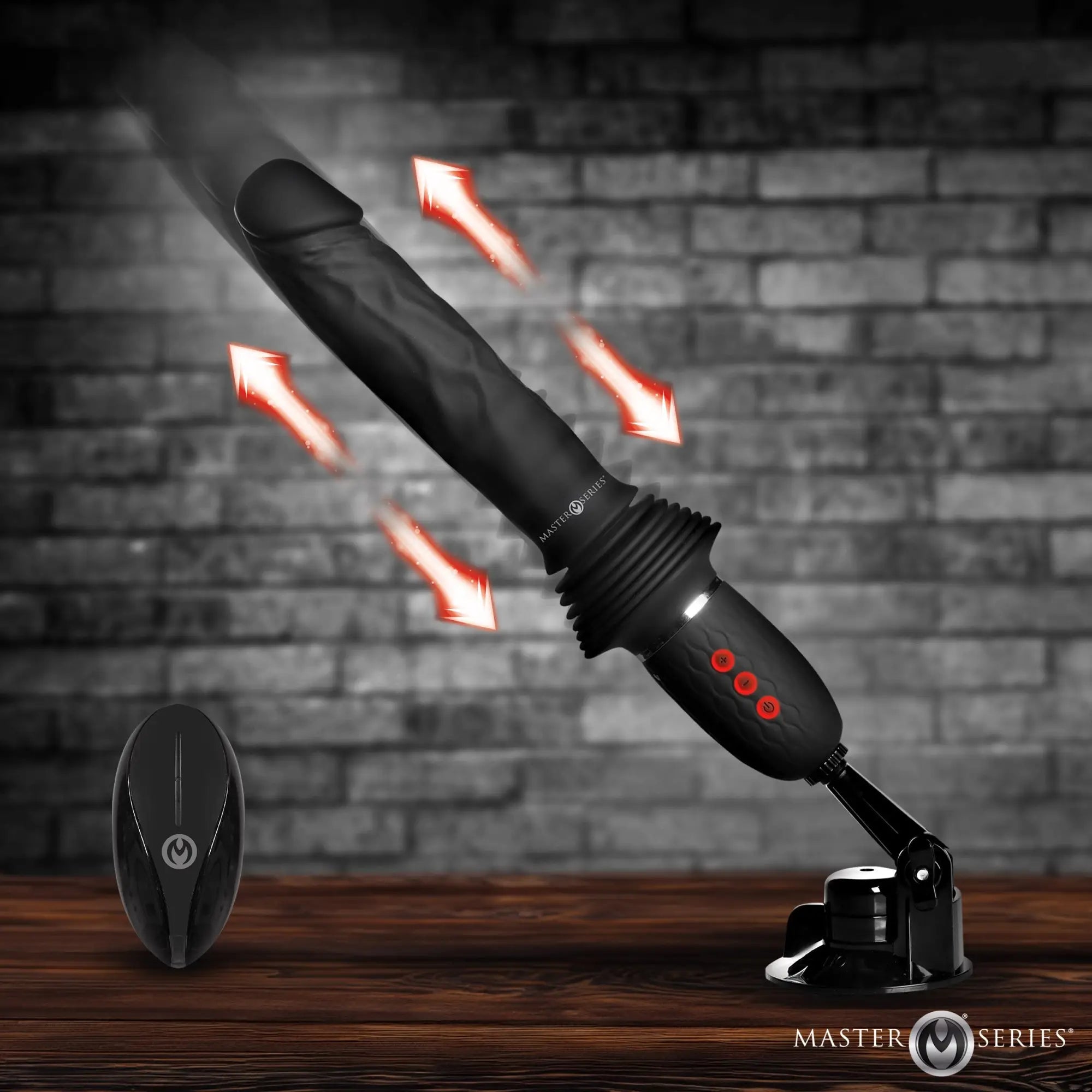 Black Master Series Ultimate Power Pounder dildo with thrusting motion effects, suction base, and handheld remote.