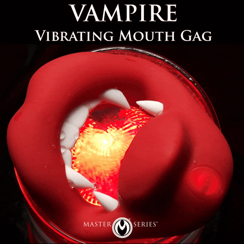 Master Series Vampire Vibrating Mouth Gag: Red lips with white fangs and a glowing, vibrating orange center.