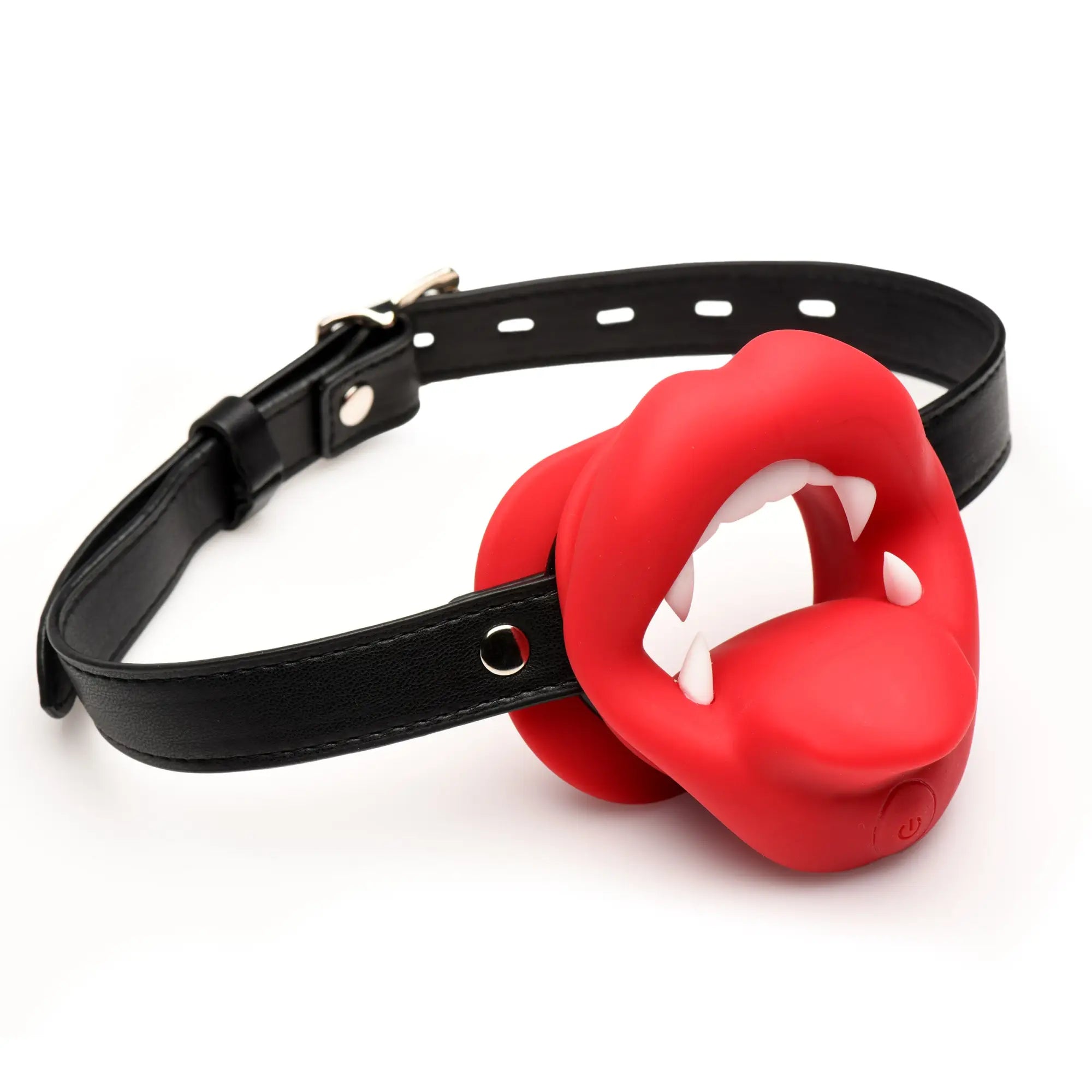 Master Series Vampire Vibrating Mouth Gag: red silicone lips with white fangs attached to a black adjustable strap.