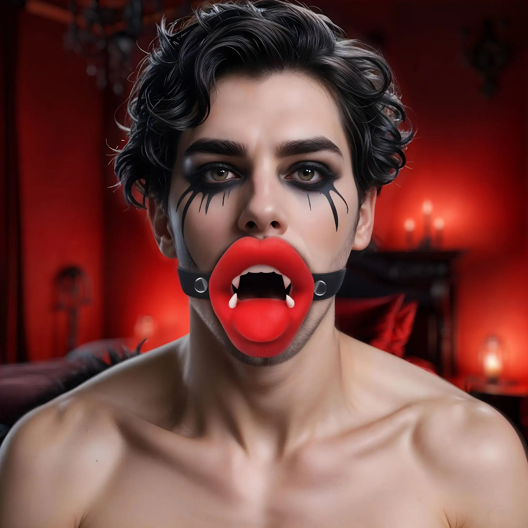 Master Series Vampire Vibrating Mouth Gag: red lip-shaped gag with white fangs worn by a person with dark makeup.