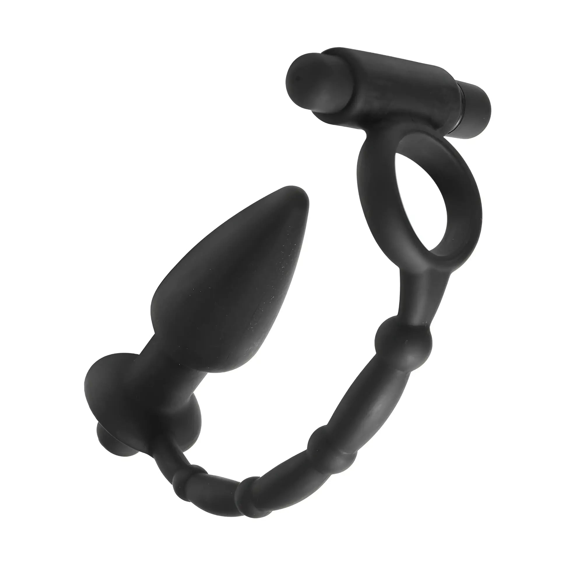 Master Series Viaticus: A black, matte silicone dual cock ring and anal plug vibe connected by a flexible beaded link.