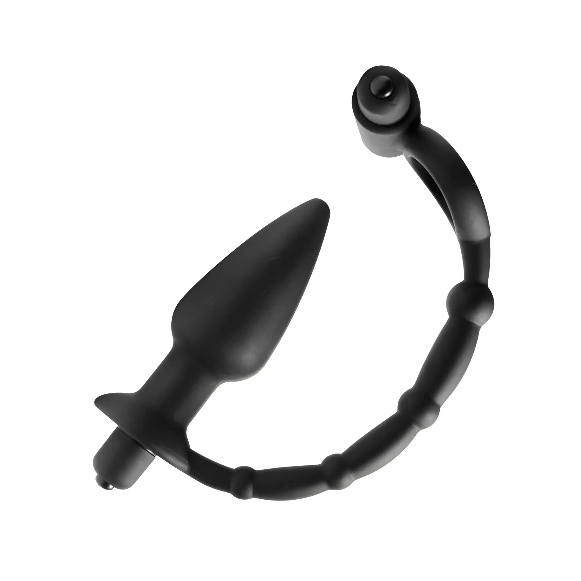 Master Series Viaticus: A matte black silicone dual cock ring and anal plug connected by a flexible, beaded arch.