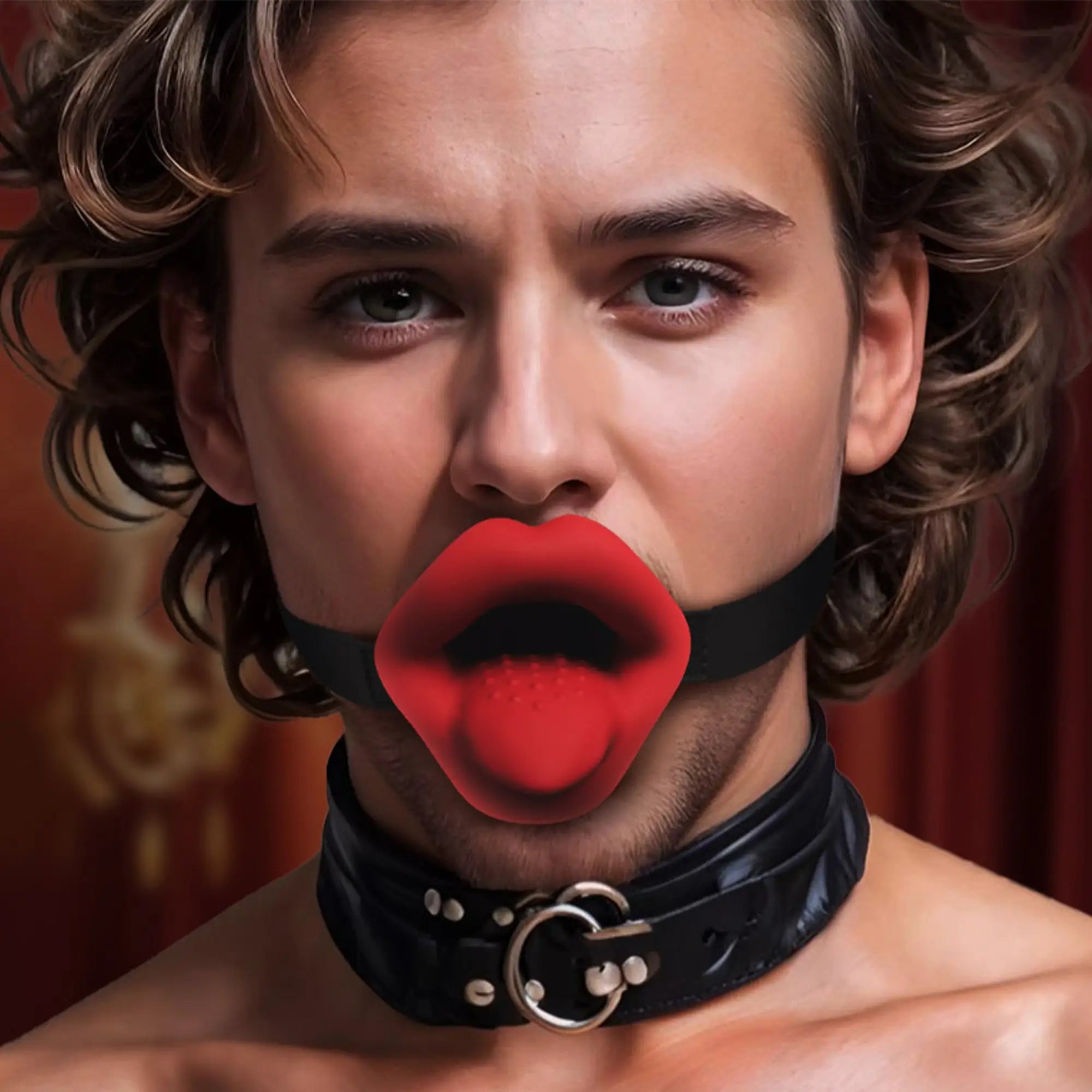 Master Series Vibrating Sissy Mouth Gag: Person wearing a red, lip-shaped gag held by black straps with a neck collar.