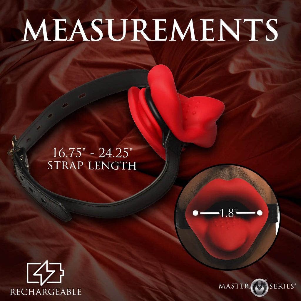 Master Series vibrating mouth gag with a red lip-shaped silicone insert and an adjustable black strap.