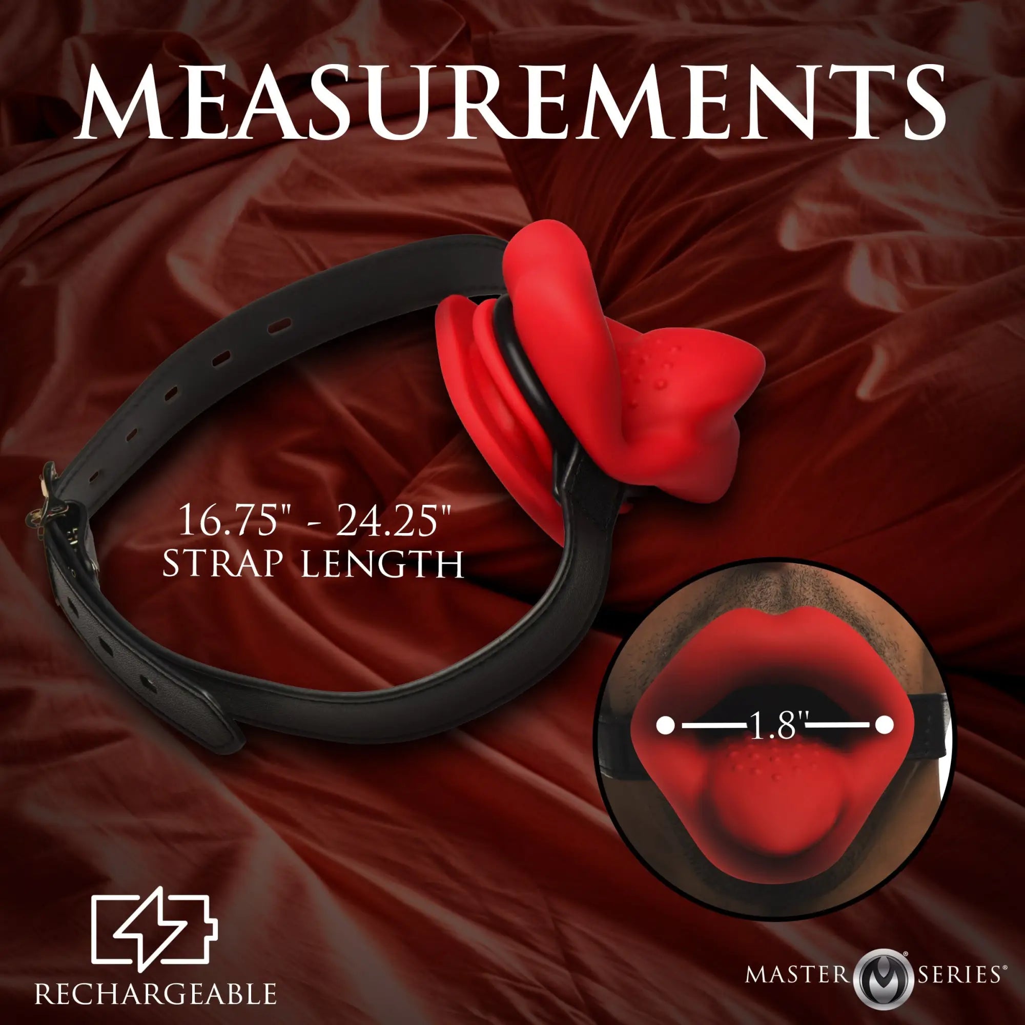 Master Series vibrating mouth gag with a red lip-shaped silicone insert and an adjustable black strap.