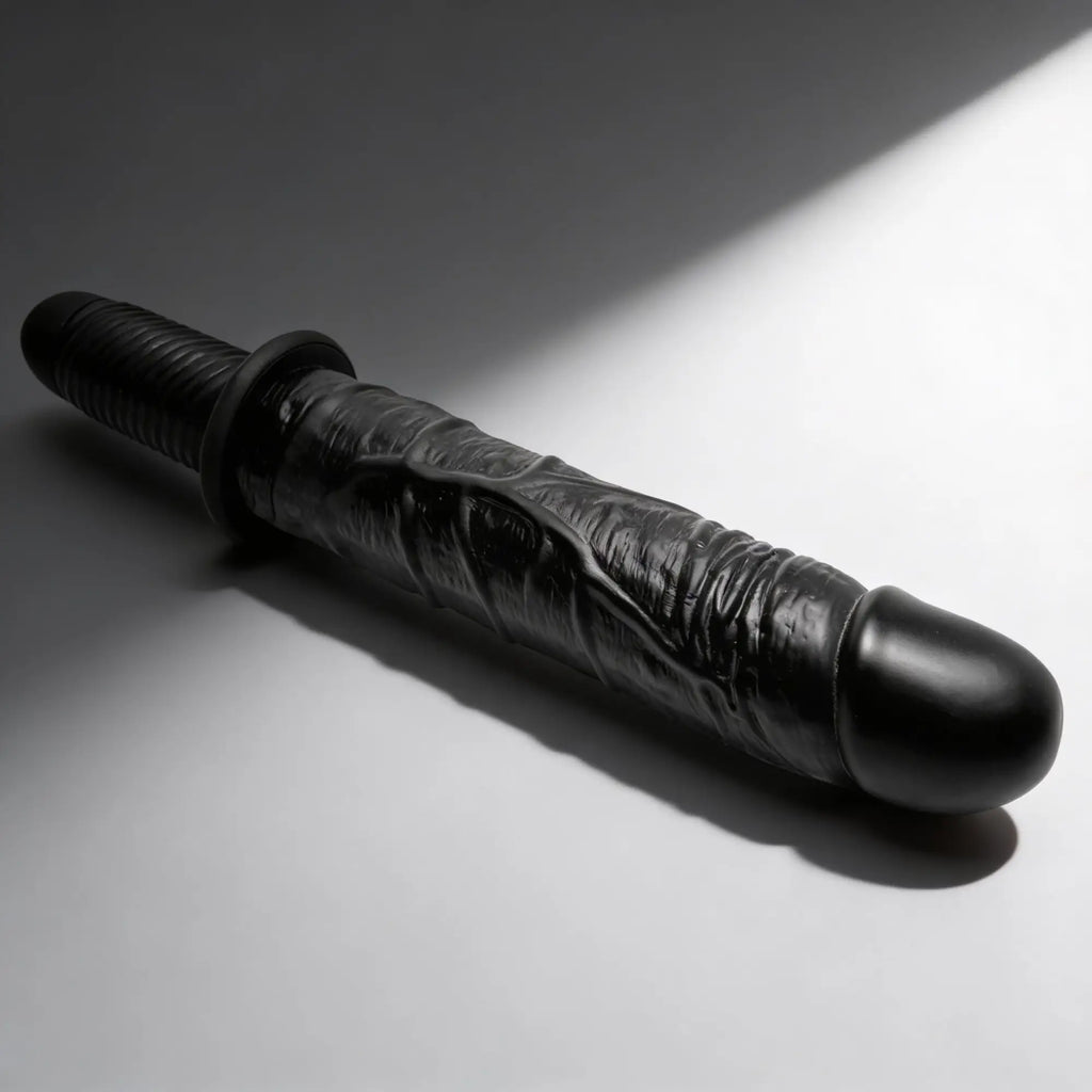 Master Series The Violator: a textured, realistic black XL dildo thruster with a ribbed handle and a flared base.