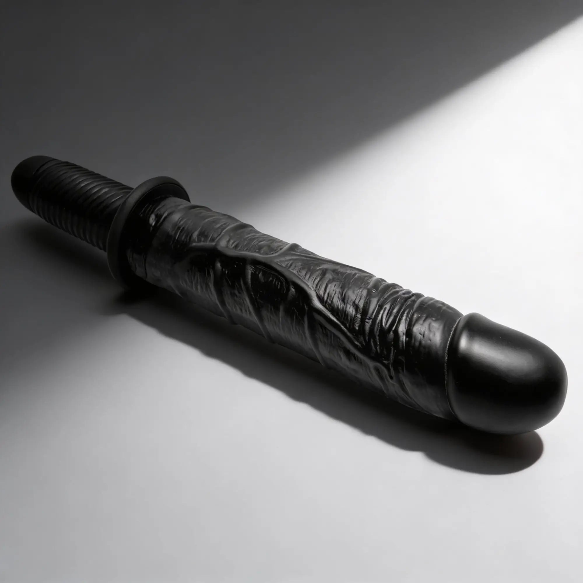 Master Series The Violator: a textured, realistic black XL dildo thruster with a ribbed handle and a flared base.