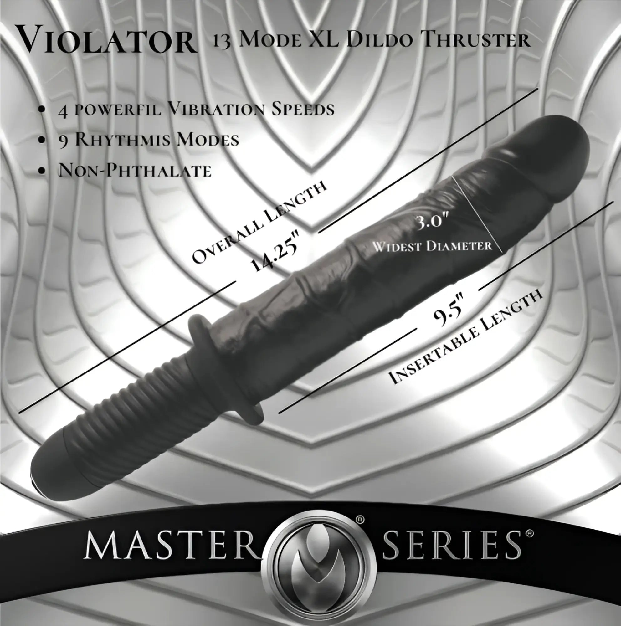 Master Series The Violator black XL textured dildo thruster with detailed measurements against a metallic silver background.
